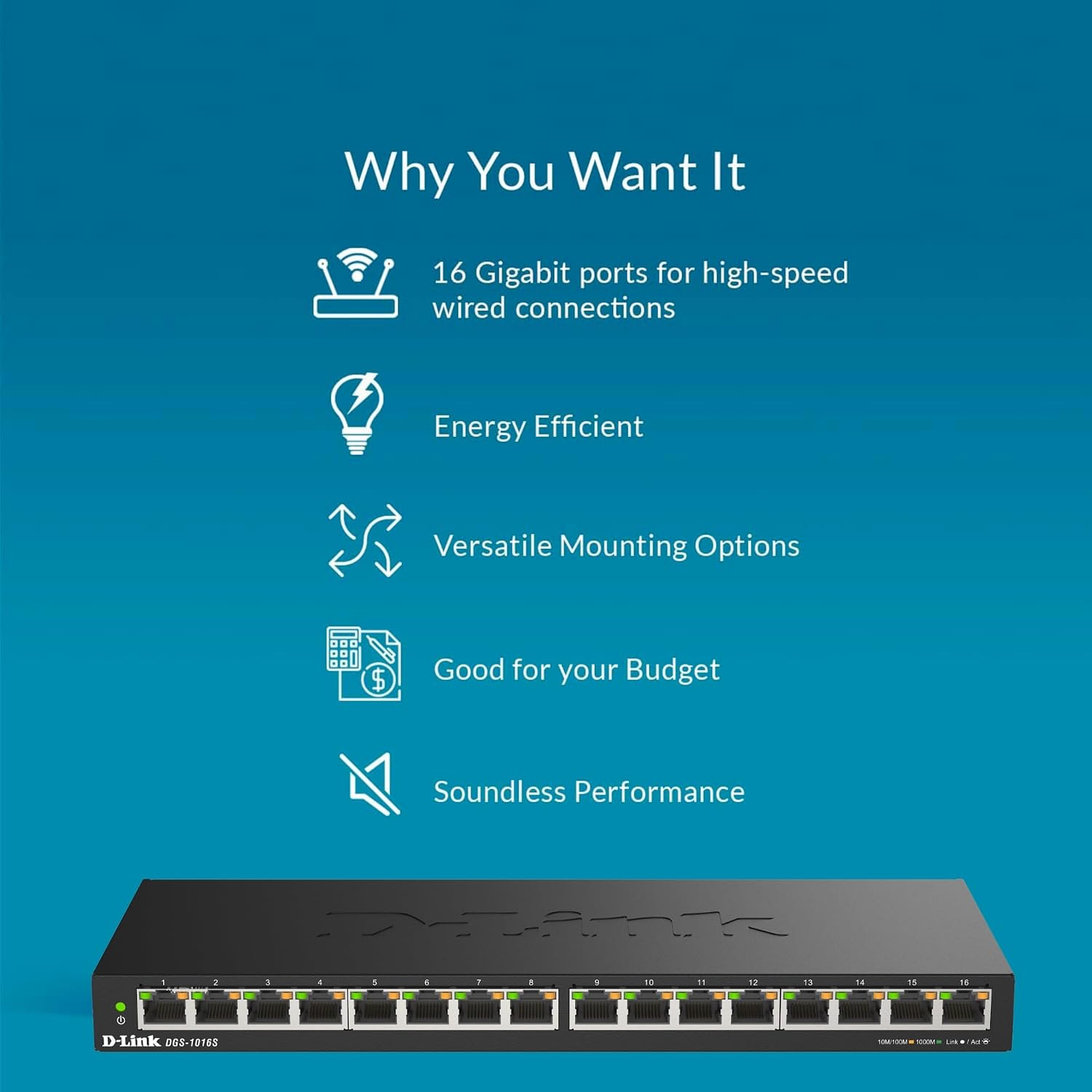 Thumbnail 2 de D-Link DGS-1016S 16-Port Unmanaged Gigabit-Switch (lüfterlos, Low-Profile Metallgehäuse, Desktop/Wandmontage)