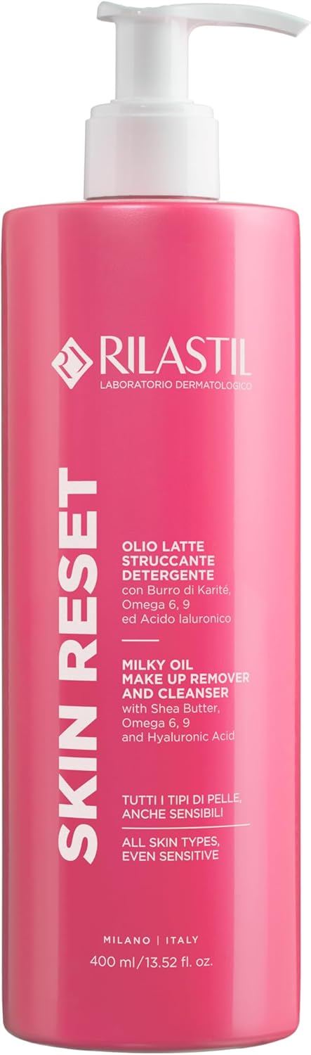 Detalle de Rilastil Skin Reset Olio Latte Struccante Detergente 400 ml — Detergente nutriente, emolliente e lenitivo con Burro di Karité, Omega 6-9 e Acido Ialuronico