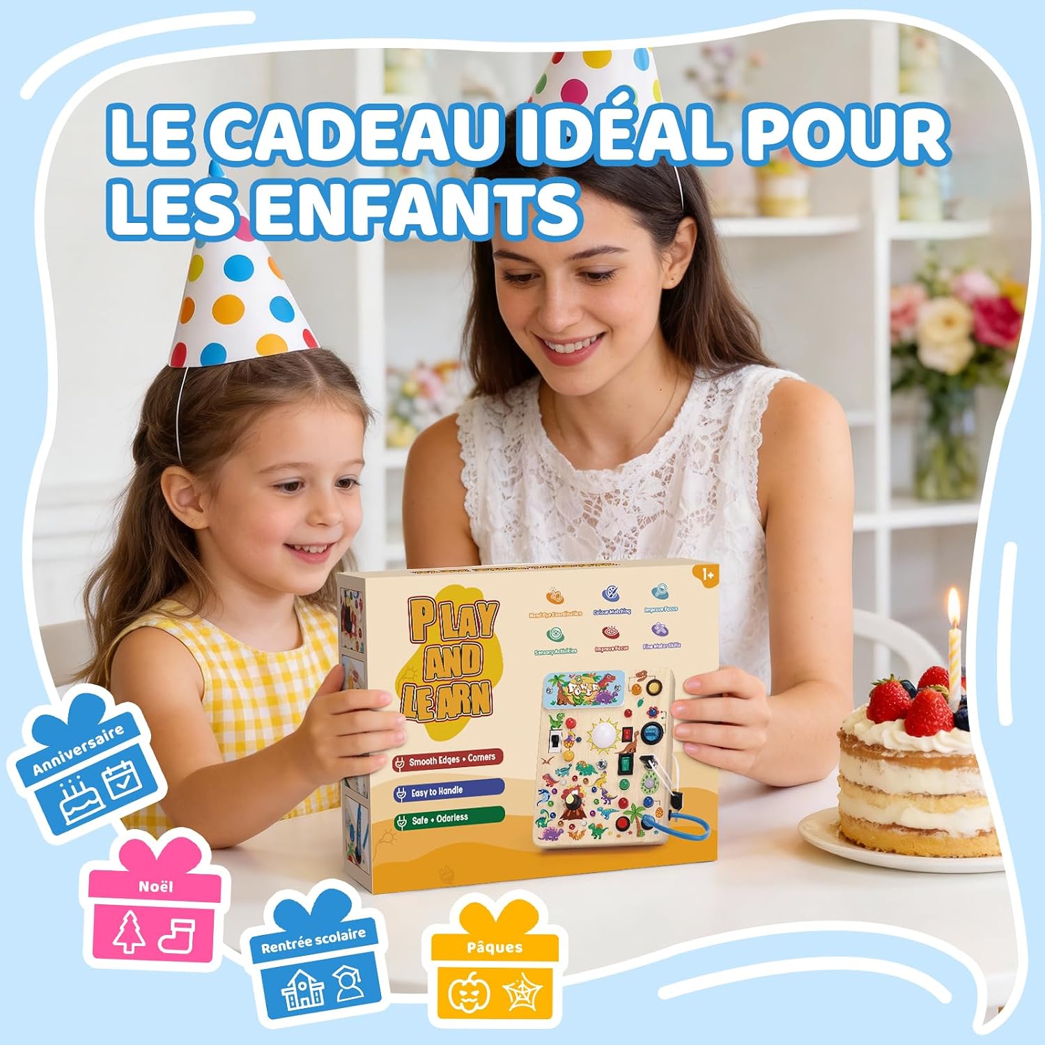Detalle 2 de Konijiwa Tableau d'activités Montessori Dinosaure: Jouet en bois avec 10 interrupteurs et 23 LED pour 1–3 ans
