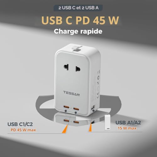Detalle 2 de TESSAN Adaptateur Prise Universelle PD 45W – Charge rapide 2 USB-C et 4 fiches internationales