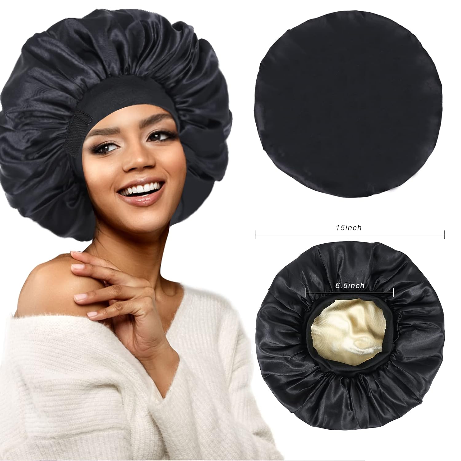 Detalle 2 de XRACEPHOL Double-Layer Satin Sleep Bonnet, Adjustable and Reversible, Black