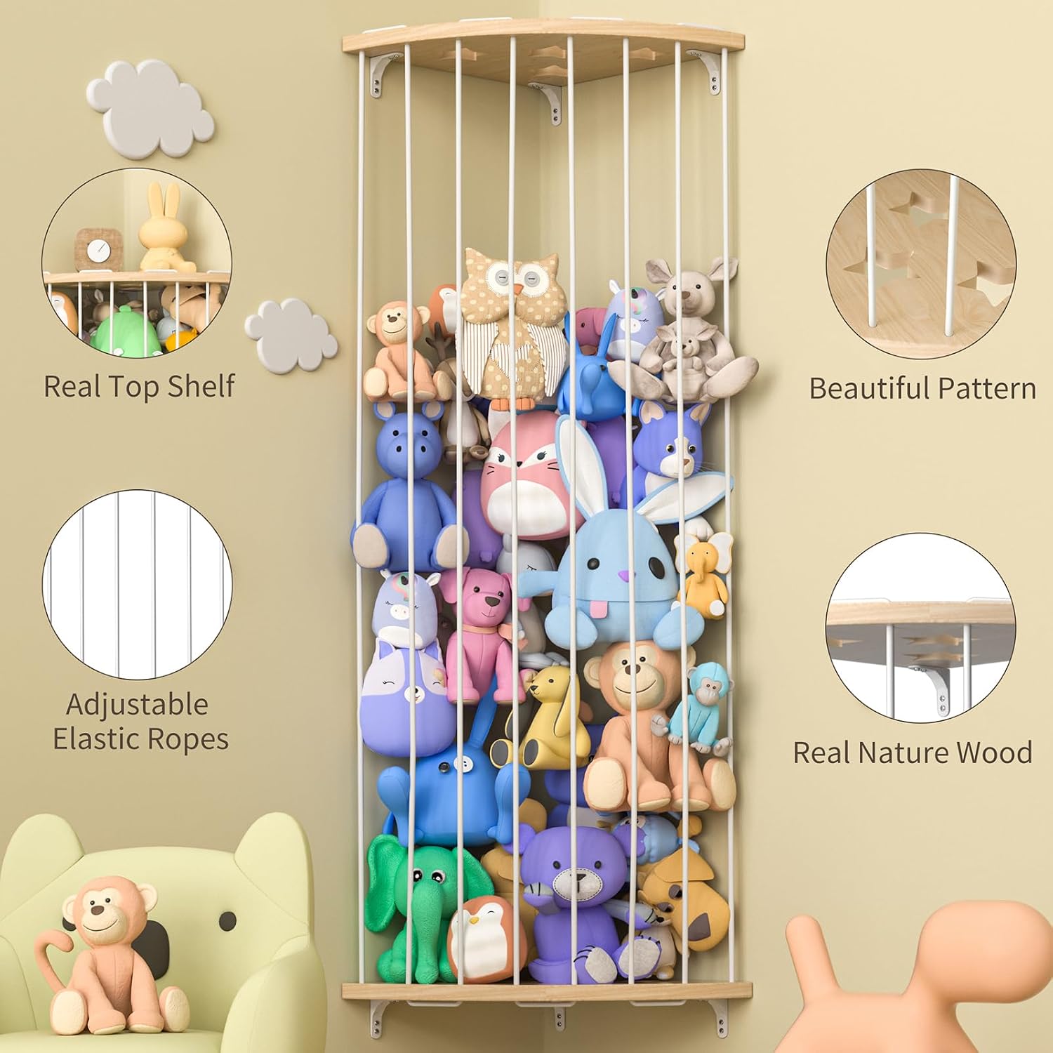 Detalle 1 de Jtksfcl Stuffed Animal Storage Wood Corner Organizer with Adjustable Height