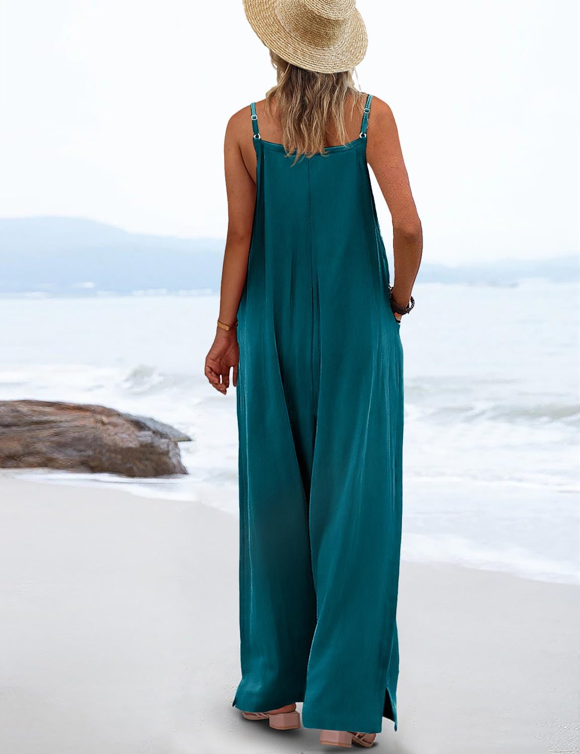 Detalle de YESNO women’s cotton summer dungarees with adjustable spaghetti straps and pockets (wide-leg overalls)