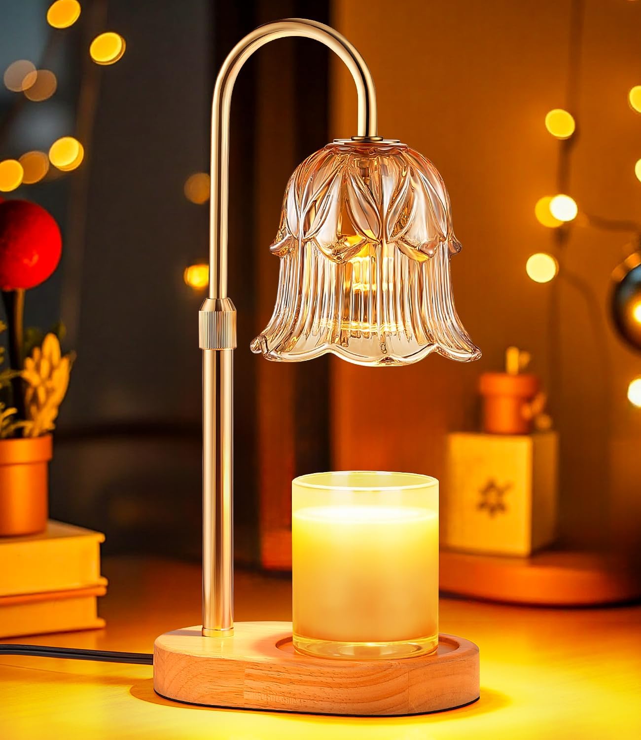 Detalle de Pfxud SY-RLD03 Candle Warmer Lamp with Flower Glass Shade, Adjustable Height and Timer