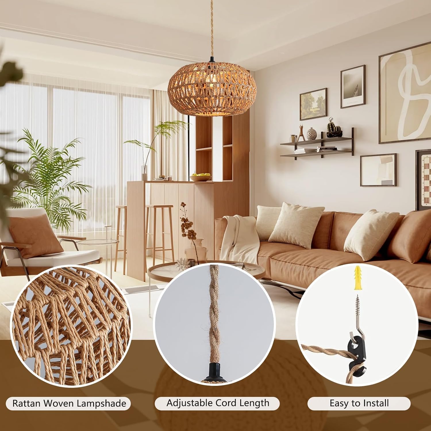Thumbnail 2 de Maichixin 1 12-Inch Hemp Rope Plug-In Pendant Light, Dimmable, E26