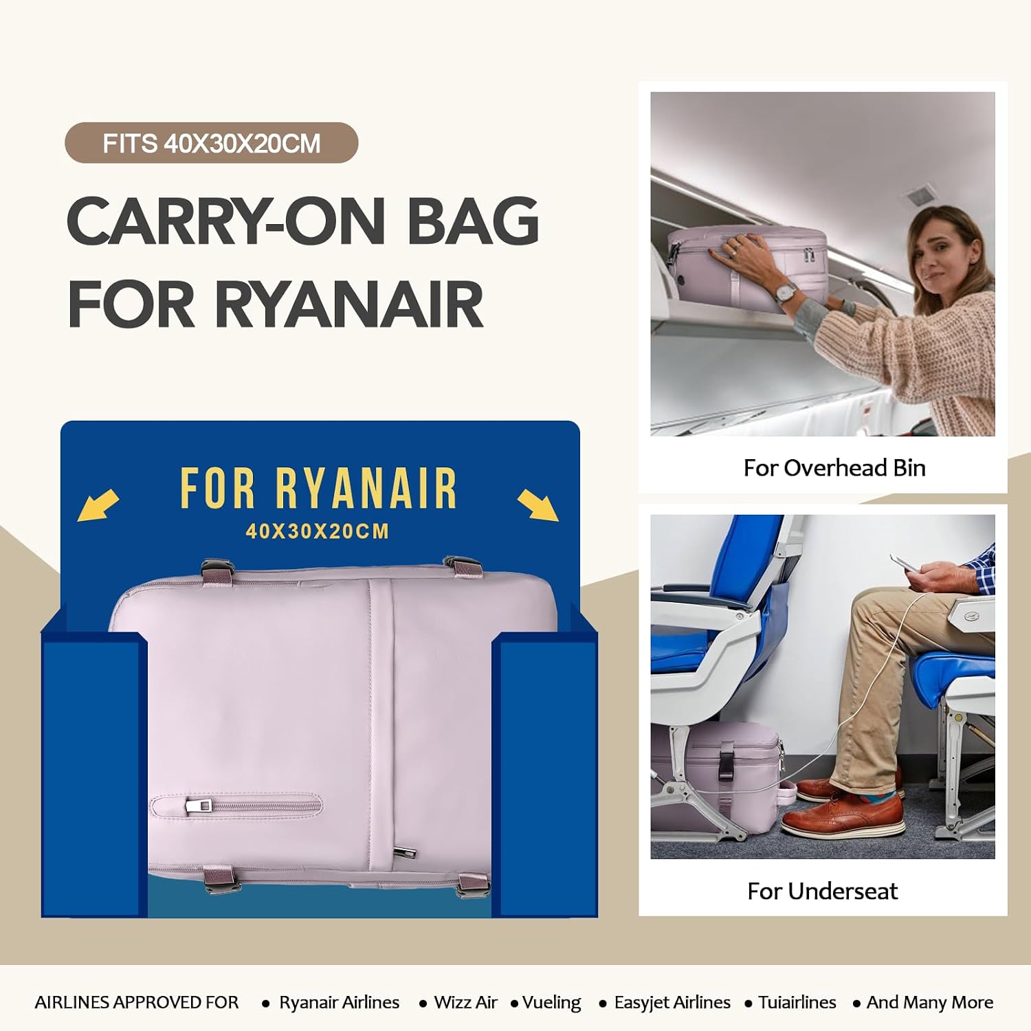 Thumbnail 1 de Zaino da viaggio Xkdoai 40x30x20 per Ryanair, antifurto e tasca bottiglie – Viola chiaro