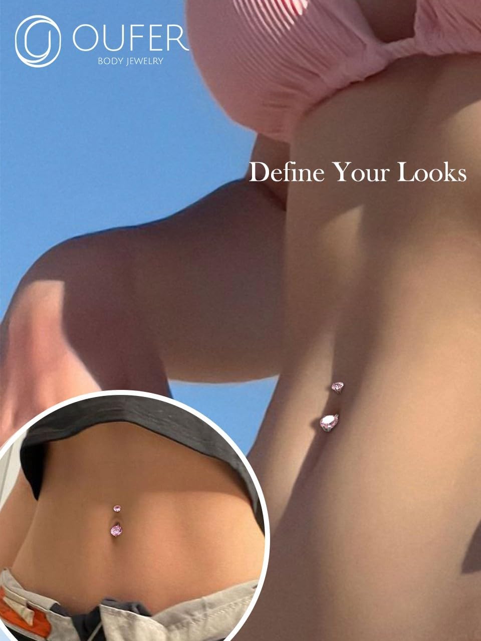 Detalle de OUFER Body Piercing en titane pour nombril : barre interne 14G extra longue avec double CZ (longueurs 10 à 16 mm)