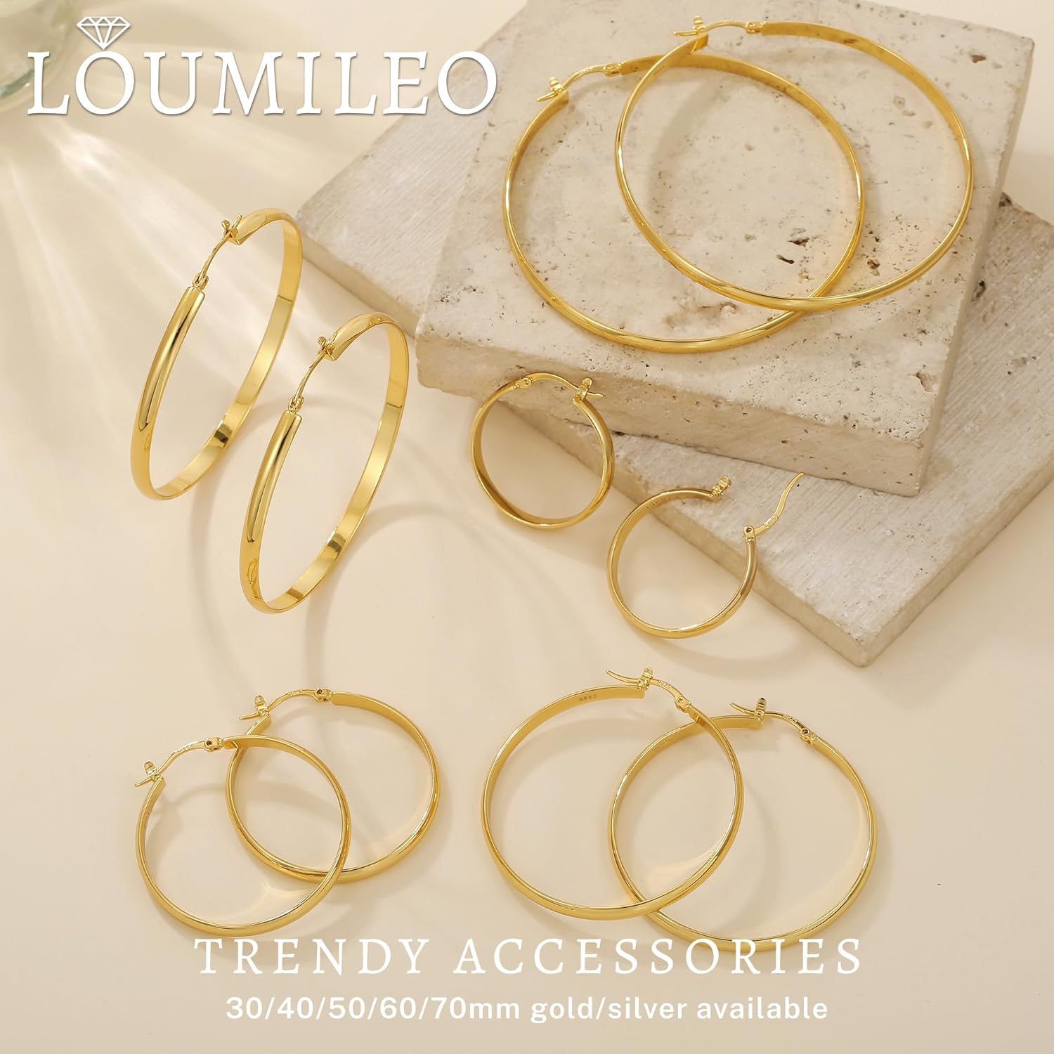 Thumbnail 6 de LOUMILEO 4mm Wide Large Silver Hoop Earrings (925 Sterling Silver, 30–70mm)