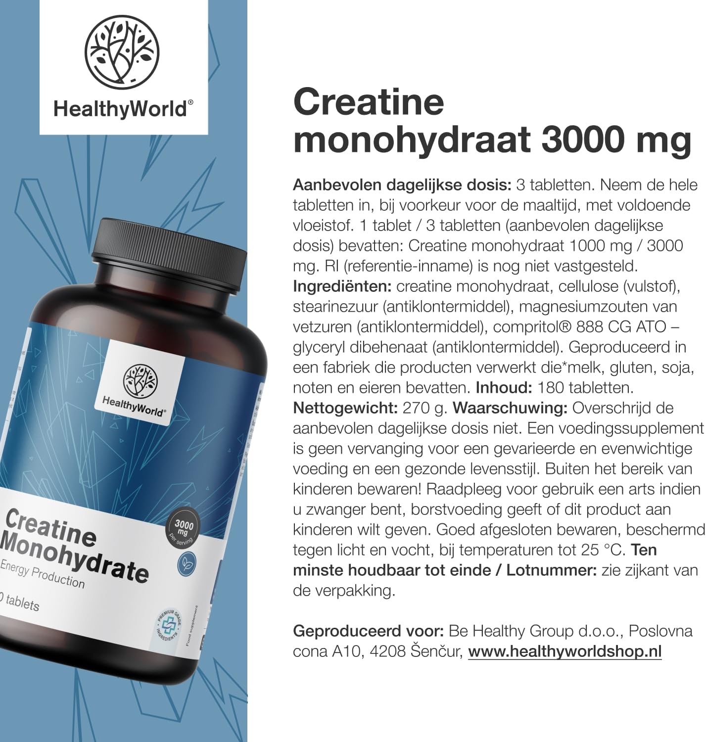 Thumbnail 6 de HealthyWorld Creatinemonohydraat 3000 mg, 180 vegetarische tabletten