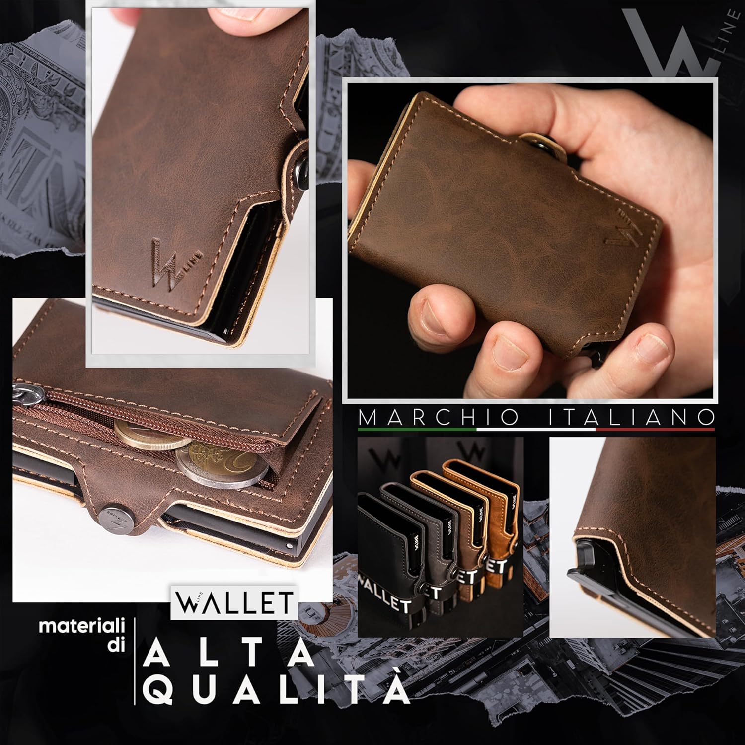 Detalle de WLine Portafoglio Uomo Slim con Portamonete RFID – Marrone Scuro Vintage con Zip, 6 tessere, chiusura a bottone