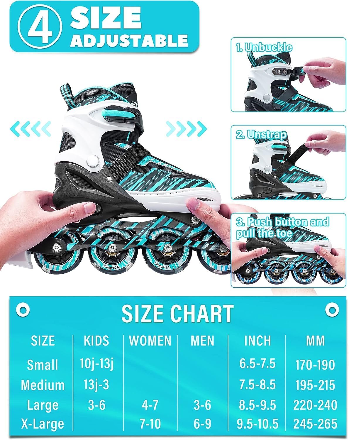 Detalle 2 de ECOO Adjustable Inline Skates for Kids, Cyan, with 8 Light-Up Wheels