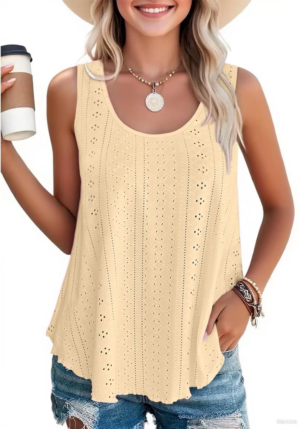 Detalle de SEDEX Women's Loose Fit Tank Top: Sleeveless Vest with Eyelet Embroidery