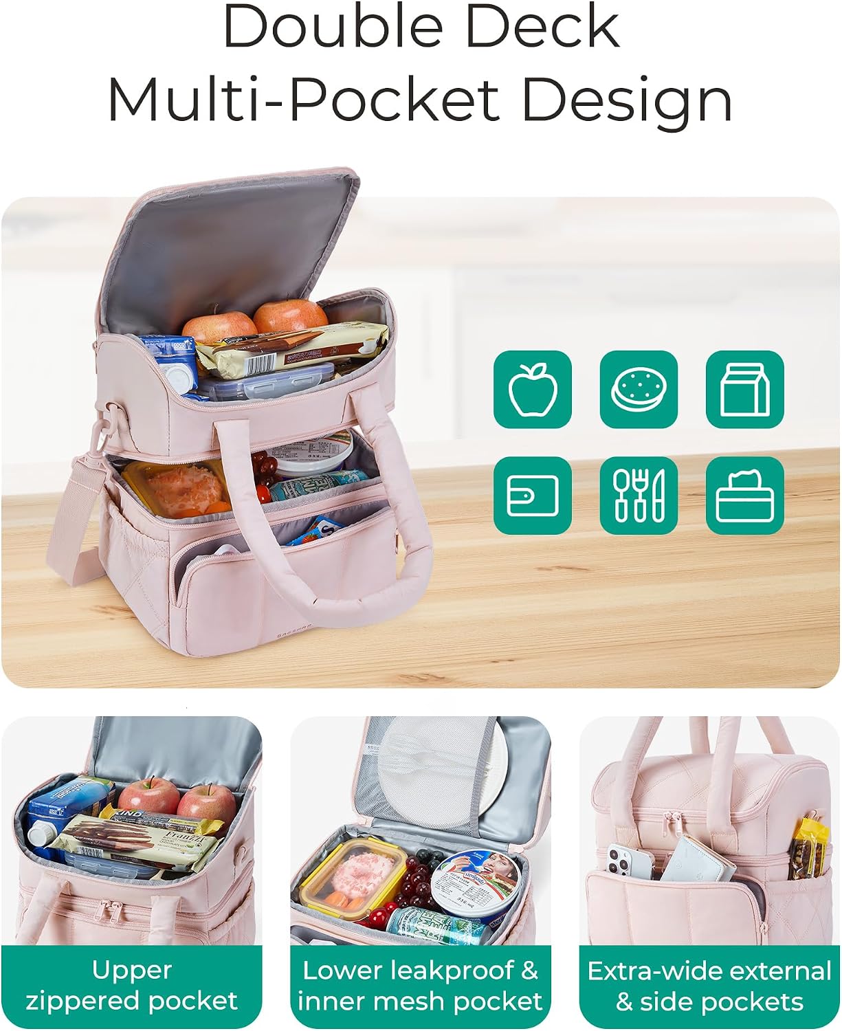 Thumbnail 6 de BAGSMART Double Deck Insulated Lunch Bag for Women (Quilted Puffer, Leakproof Cooler Tote) — Camel