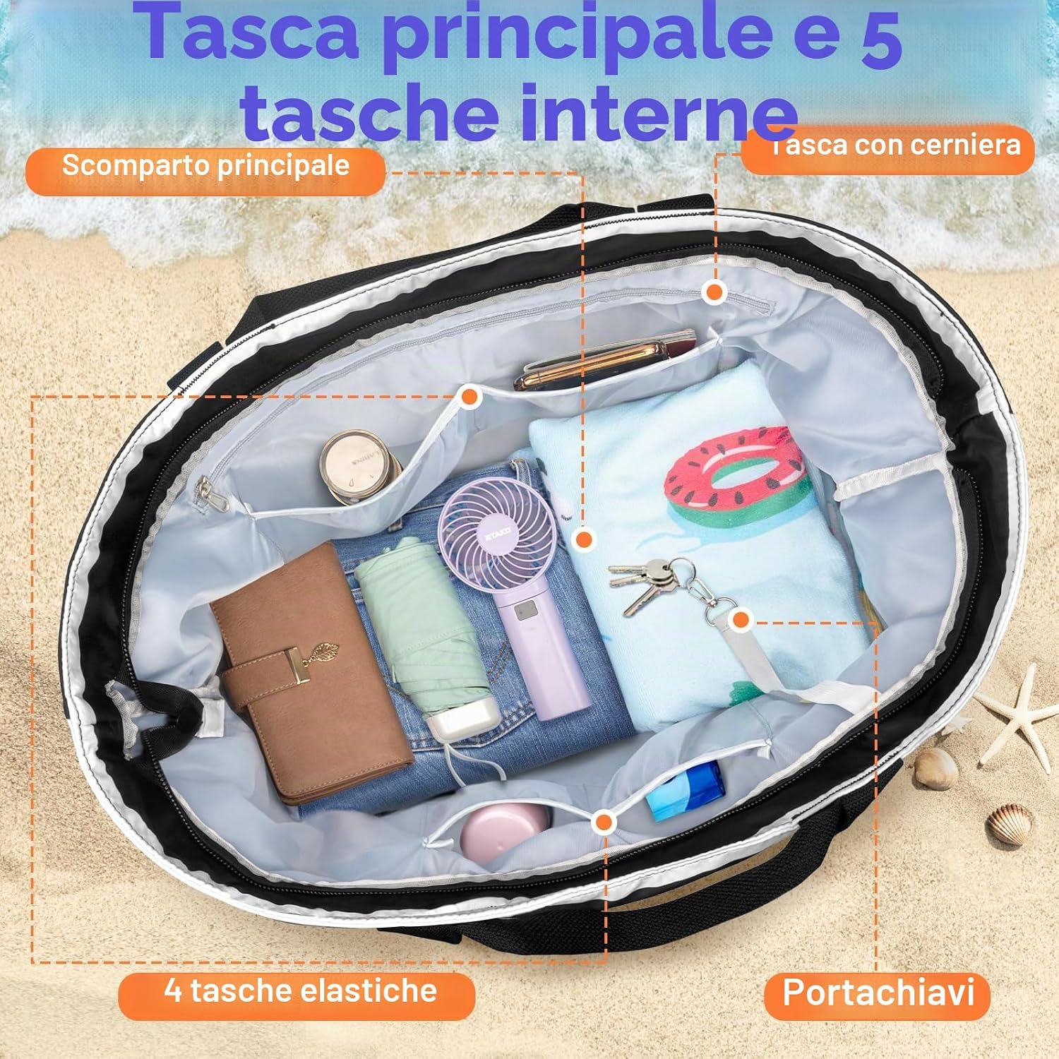 Detalle de BTNEEU Borsa Mare Donna XXL 50L Impermeabile: Tote Mare grande con 14 tasche, resistente e pieghevole