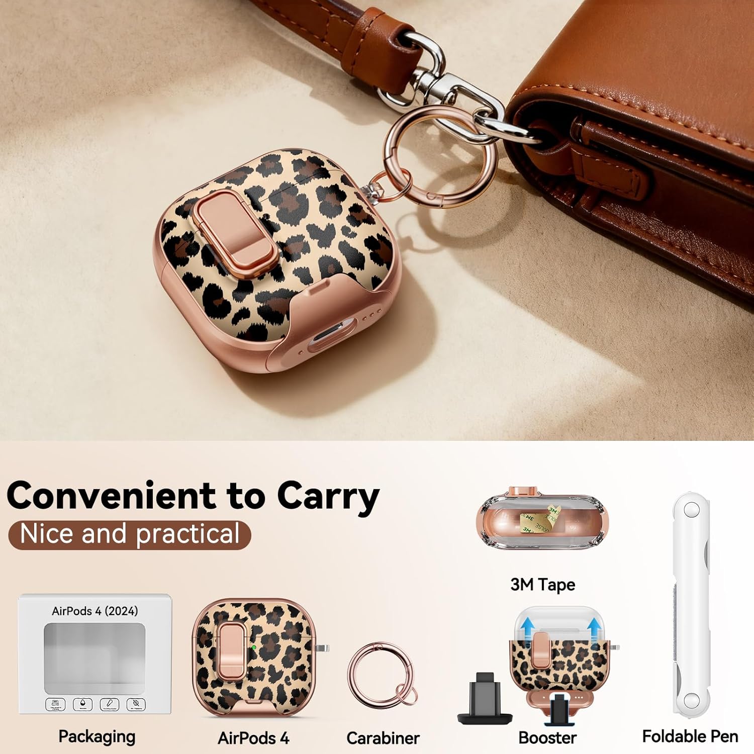 Thumbnail 4 de Polislime AirPods 4 Case with Safety Lock, Built-in Phone Stand & Leopard Print (TPU) — includes keychain & cleaning kit