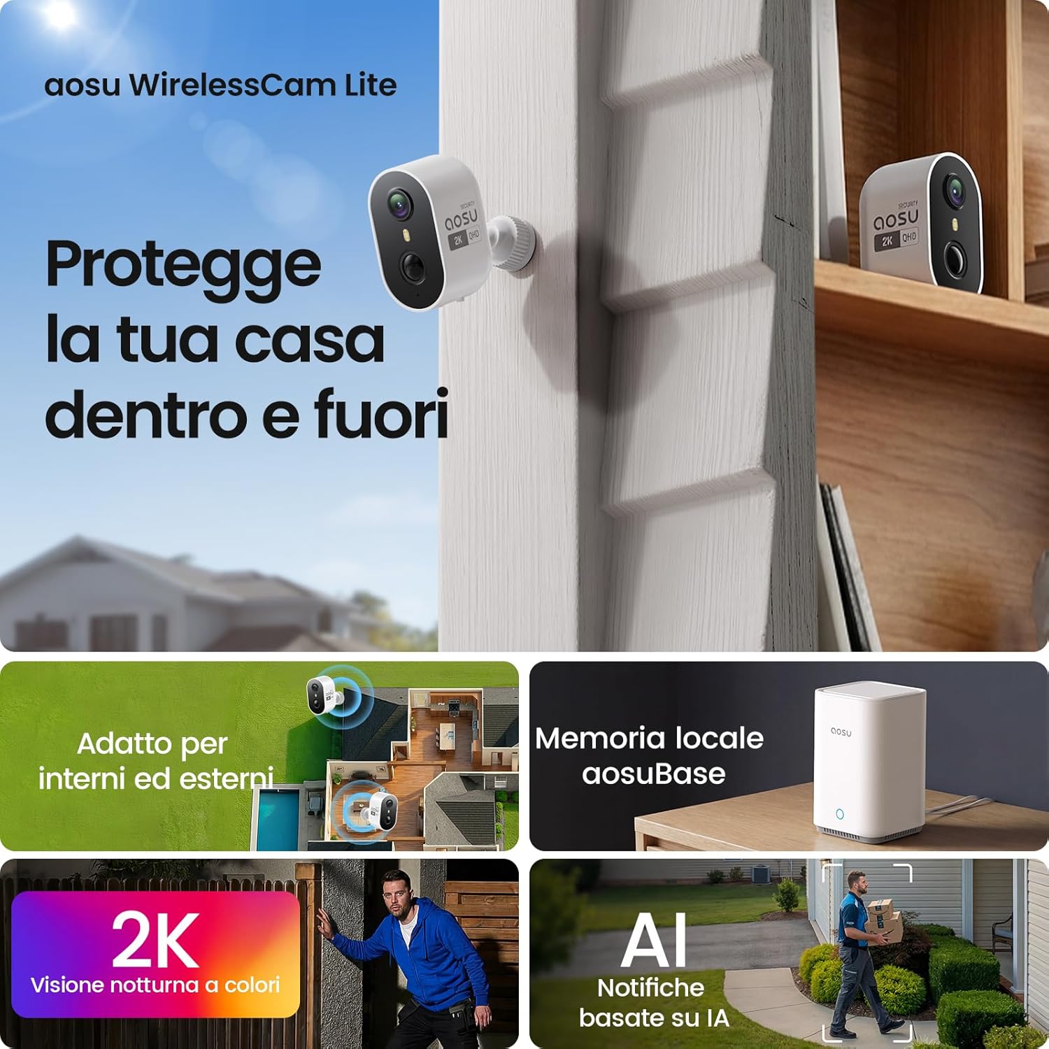 Thumbnail 1 de AOSU Sistema di Sorveglianza 2K Exterior/Interior Kit con Aosubase 2.0 (4 telecamere, 32 GB, senza abbonamento)