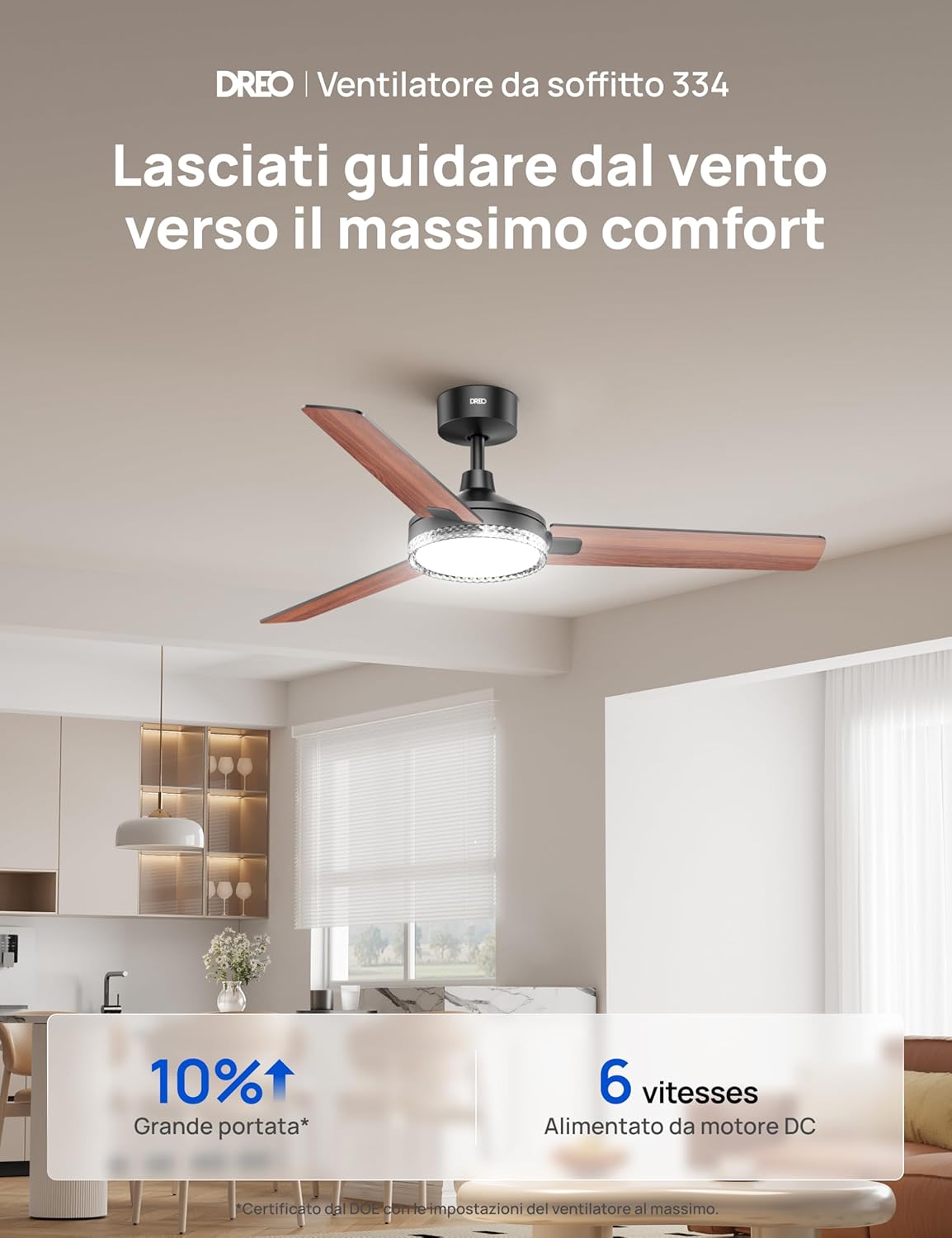 Detalle de DREO ventilatore da soffitto con luce e telecomando 132 cm – nero