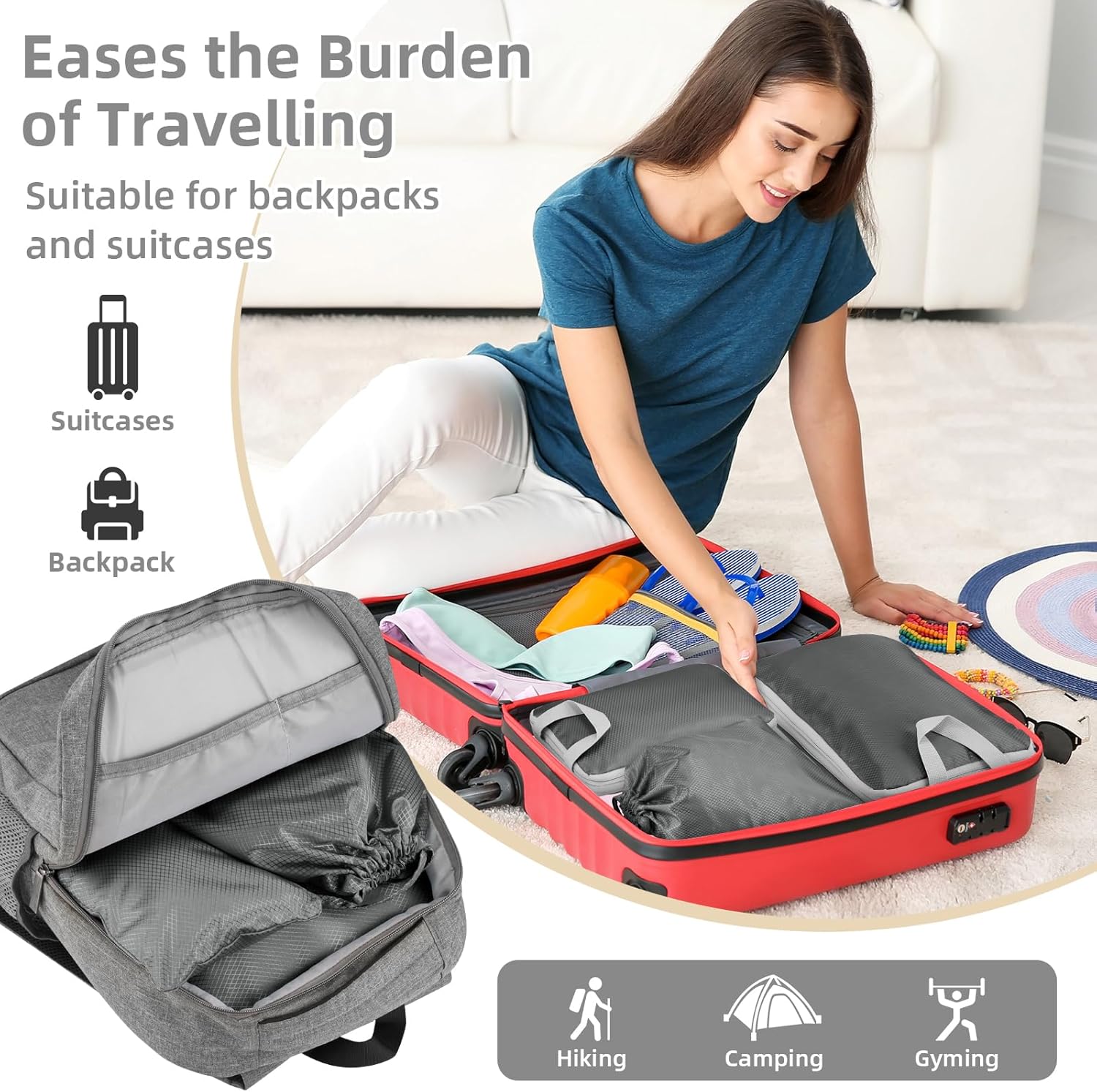Thumbnail 4 de Compression Packing Cubes, Travel Storage Bag & Suitcase Organizer Bags (Grey) – Set of 7