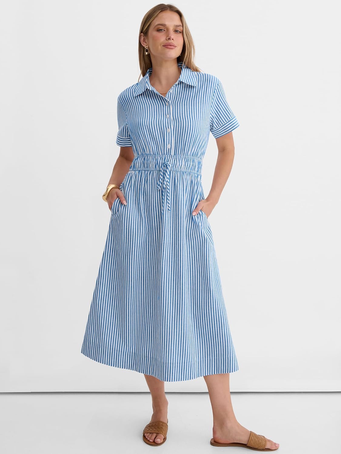 Detalle de ANRABESS Womens Summer Midi Dress with Striped Gingham and Button Collar