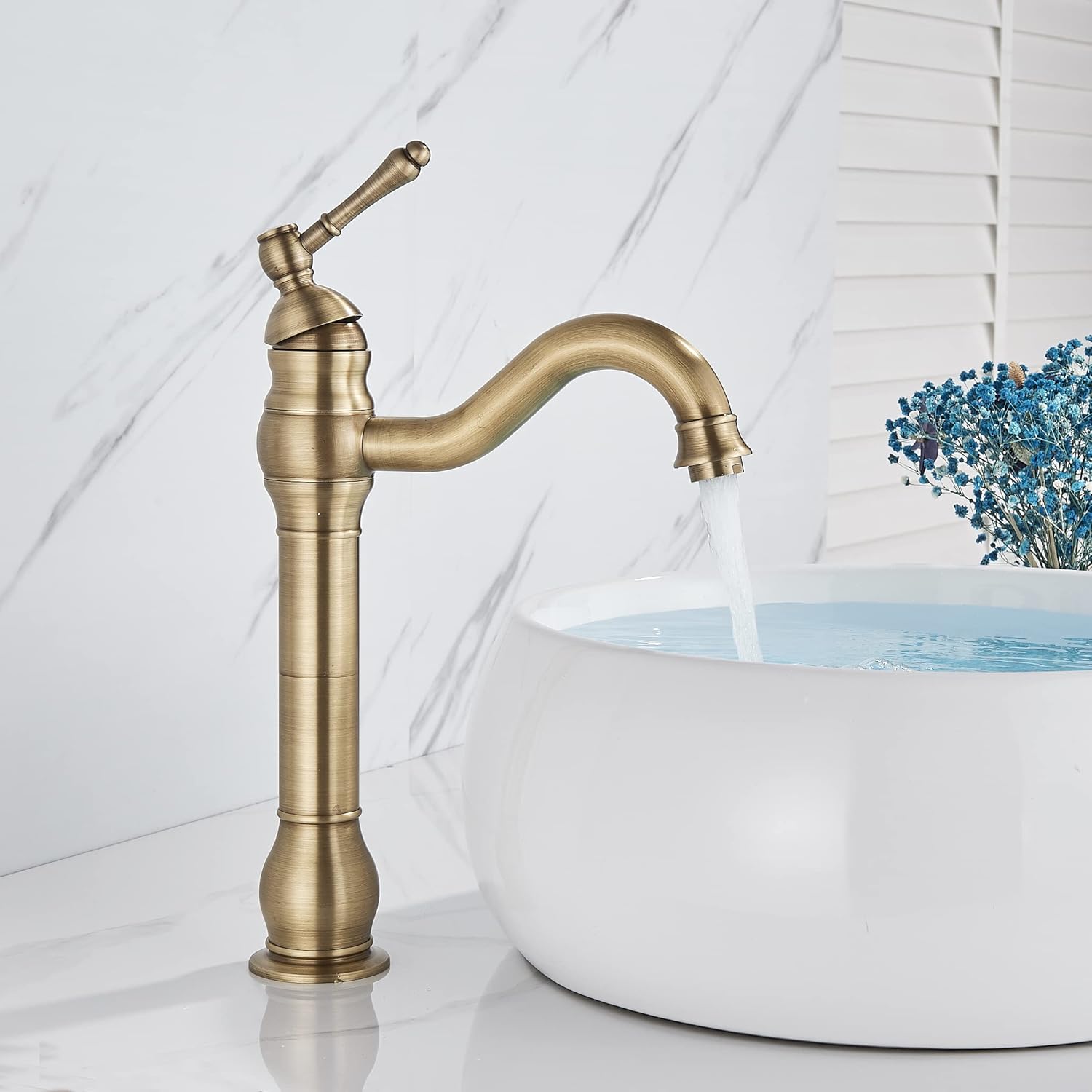 Detalle de Rozin Antique Brass Bathroom Sink Tap – Single Handle, 360° Rotable Spout, Deck Mounted Mixer