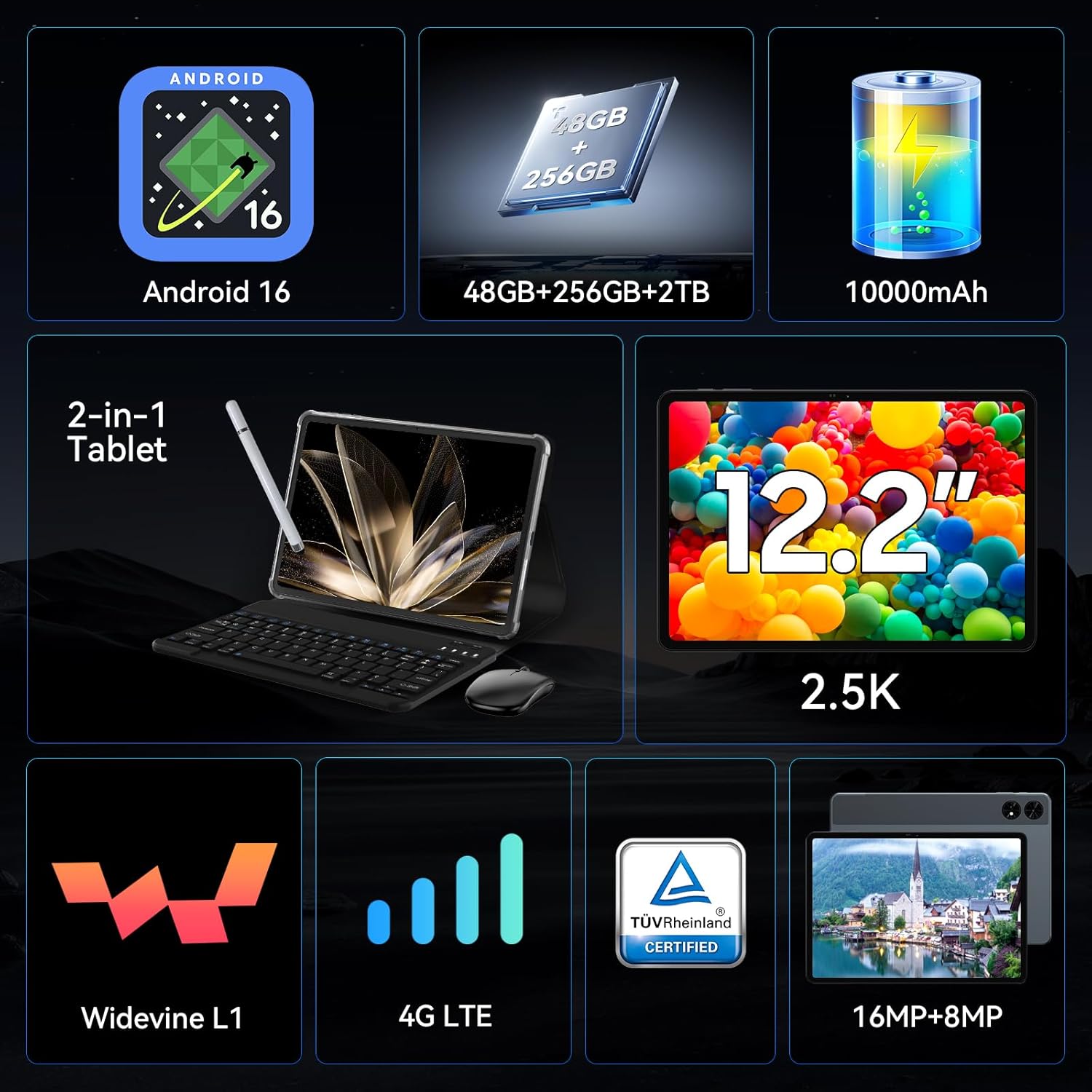 Detalle 2 de TABWEE T60 12 Zoll Tablet mit Tastatur – Android 16, 48 GB RAM + 256 GB, SIM & 4G LTE