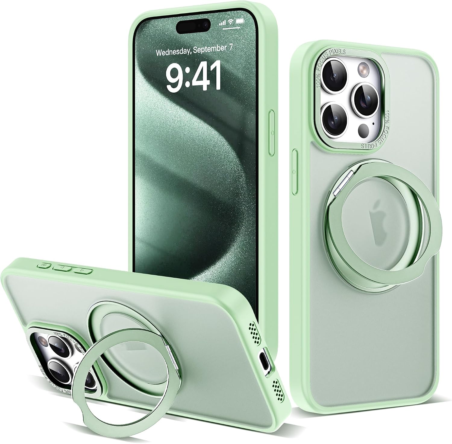 Detalle de Zalinbo iPhone 15 Pro Case with 360° Rotatable Magnetic Ring Stand — MagSafe Compatible, Military Protection, Green