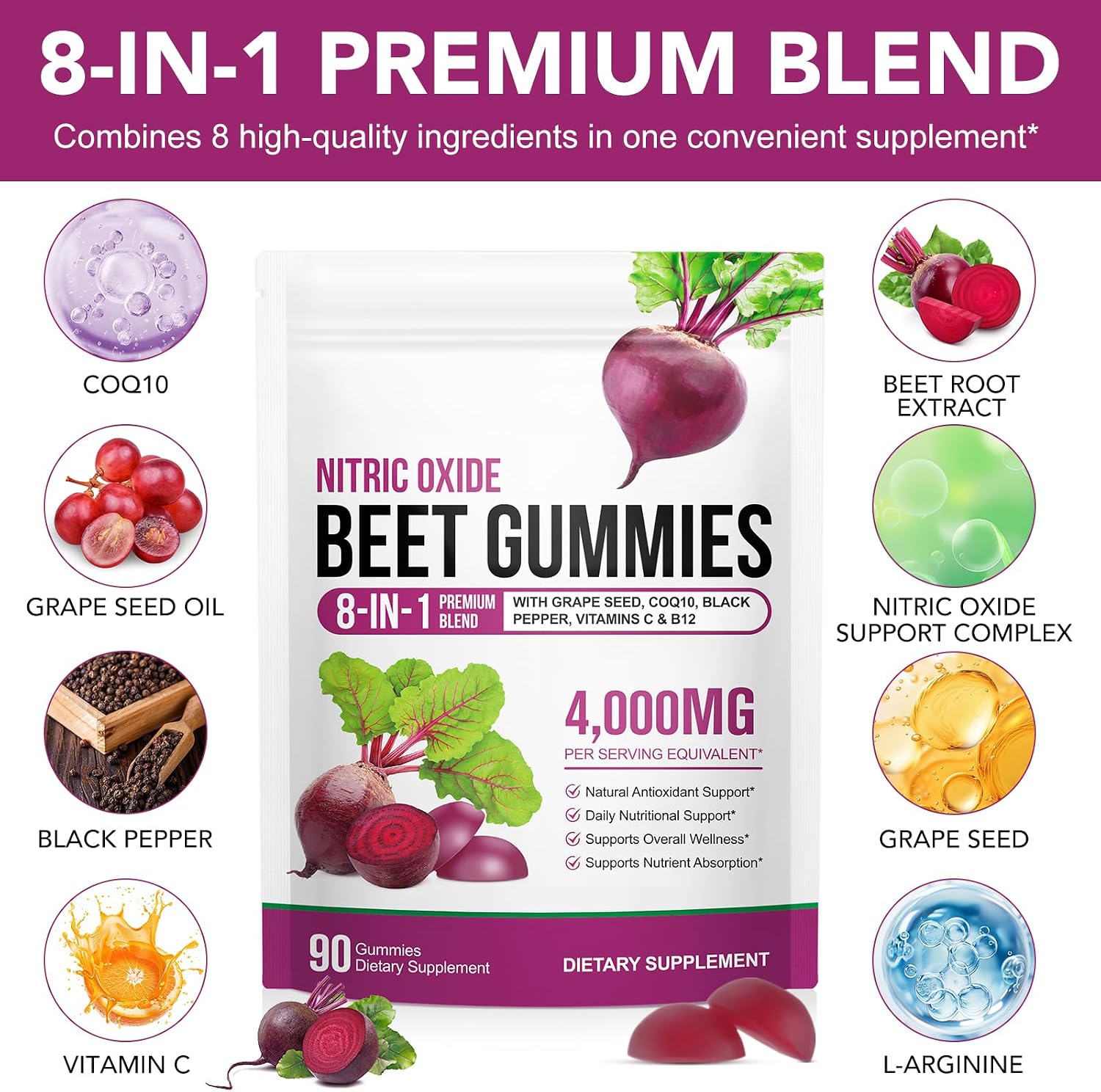 Detalle 2 de chenyayun 90-Chew Beet Root Gummies, Sugar-Free 8-in-1 with CoQ10