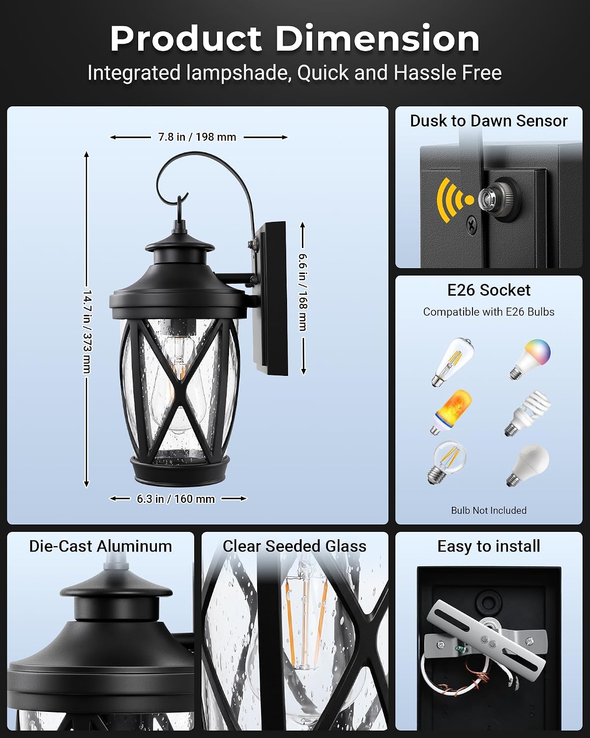 Detalle 2 de VIANIS V81606 Dusk-to-Dawn Outdoor Wall Light, Black Aluminium, E26 Socket