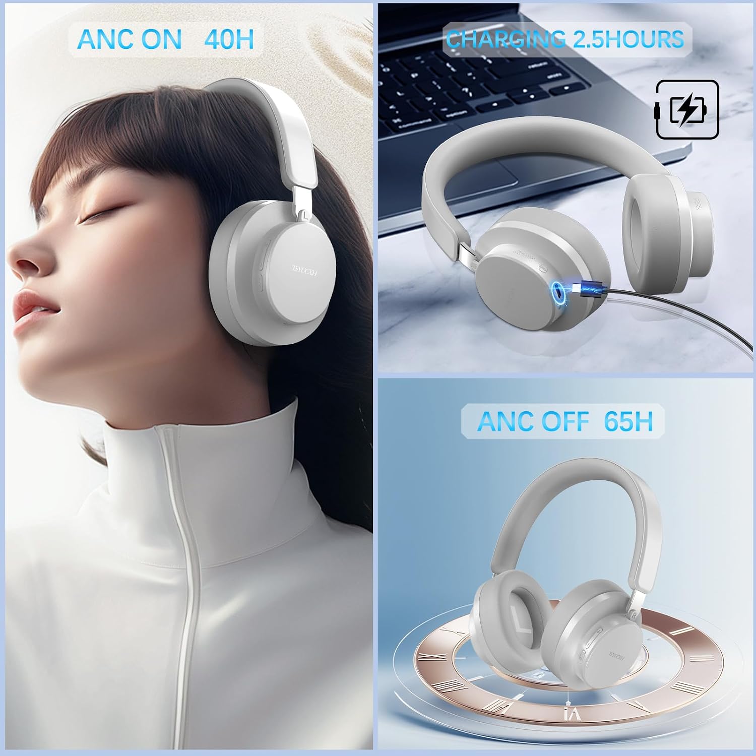 Thumbnail 1 de TSYUCXH Noise Cancelling Headphones Wireless Bluetooth – Over Ear, 65h Playtime, Grey