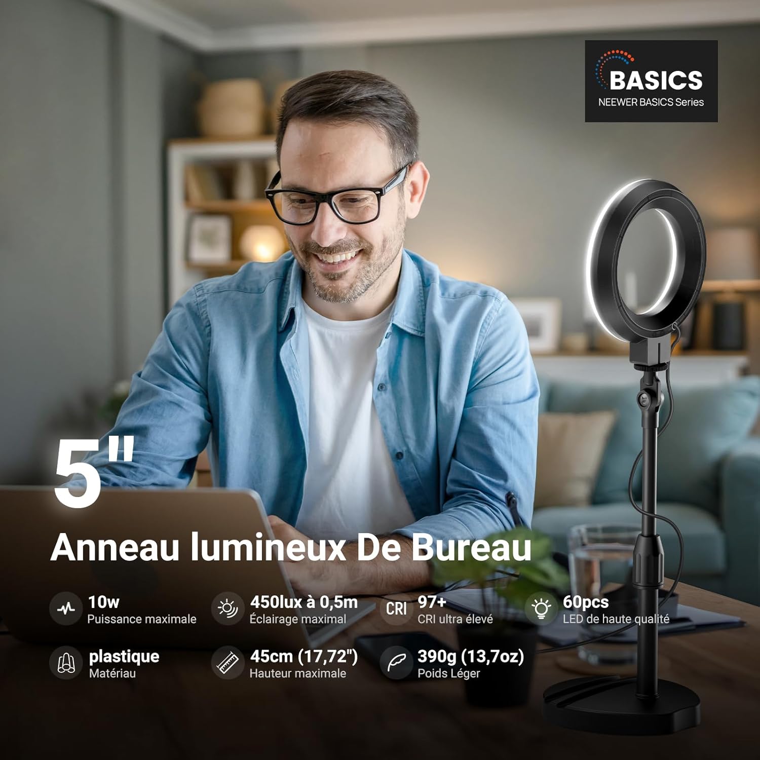 Thumbnail 1 de NEEWER BASICS 5" Ring Light avec Support et Pince – LED 10W, USB, Noir (BR60)