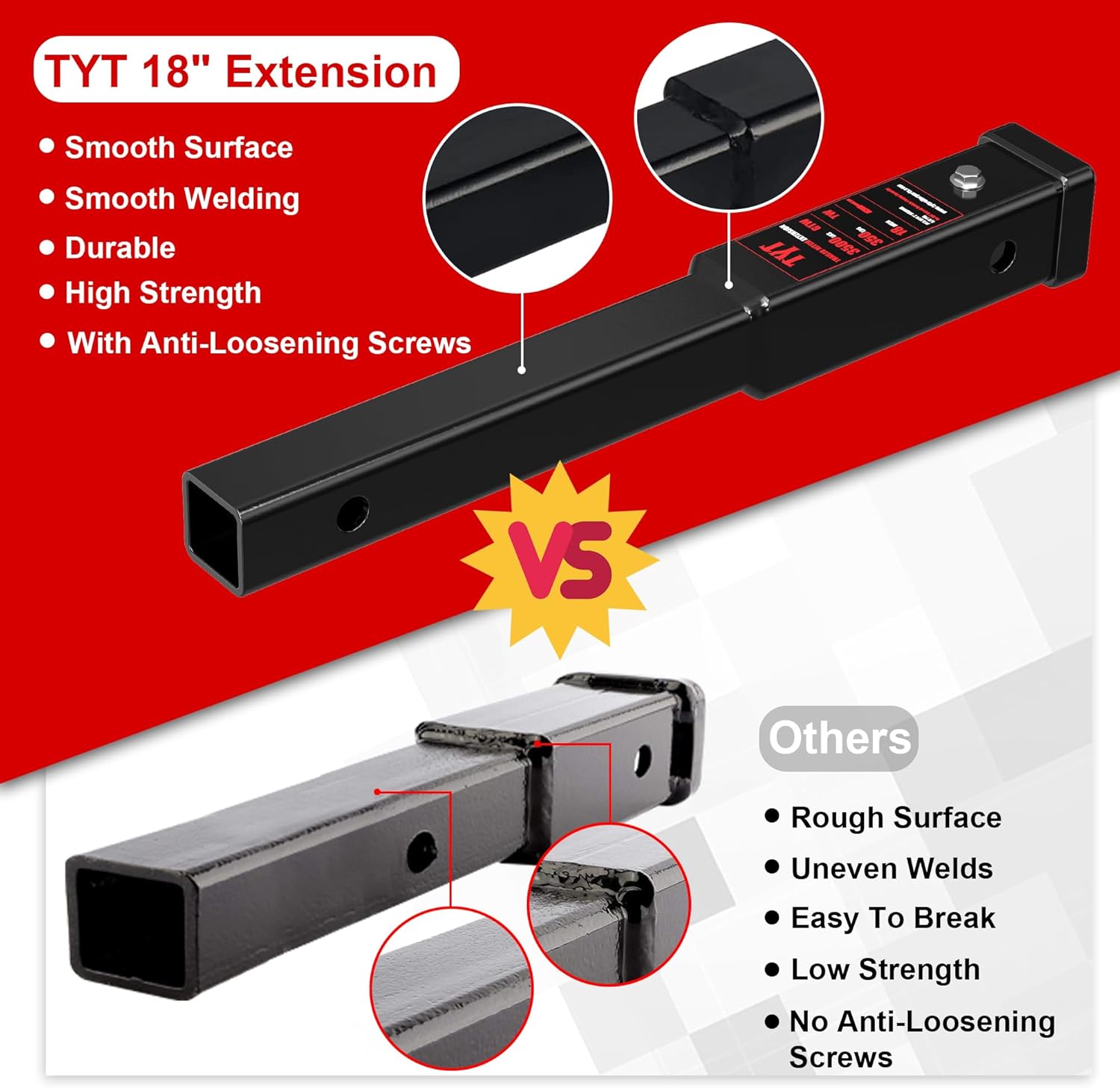 Thumbnail 5 de TYT 18" Trailer Hitch Extension for 2-Inch Receivers (2-Pack 5/8" Pins) – 3500 lbs GTW / 350 lbs TW