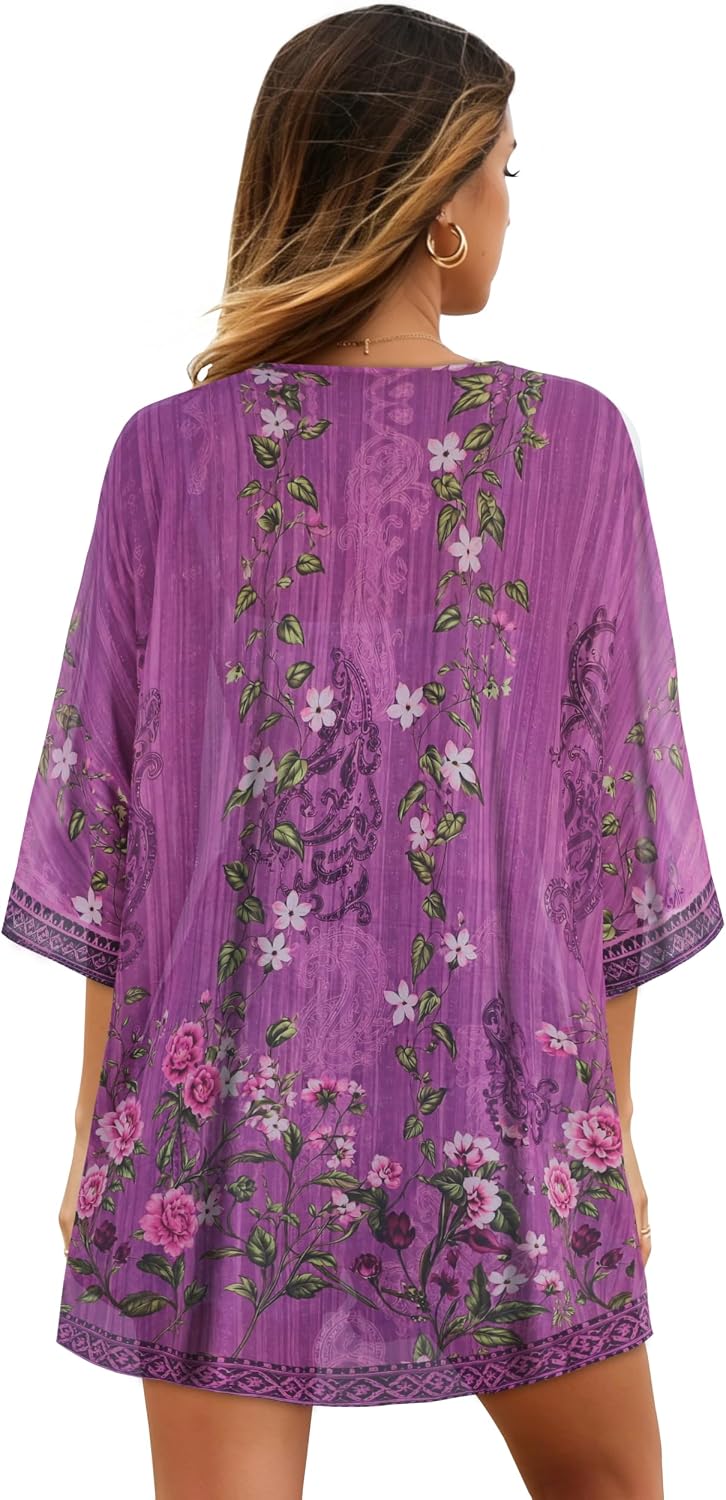 Detalle 2 de CHICALLURE Floral Chiffon Kimono Cardigan, Sheer Open-Front Cover-Up