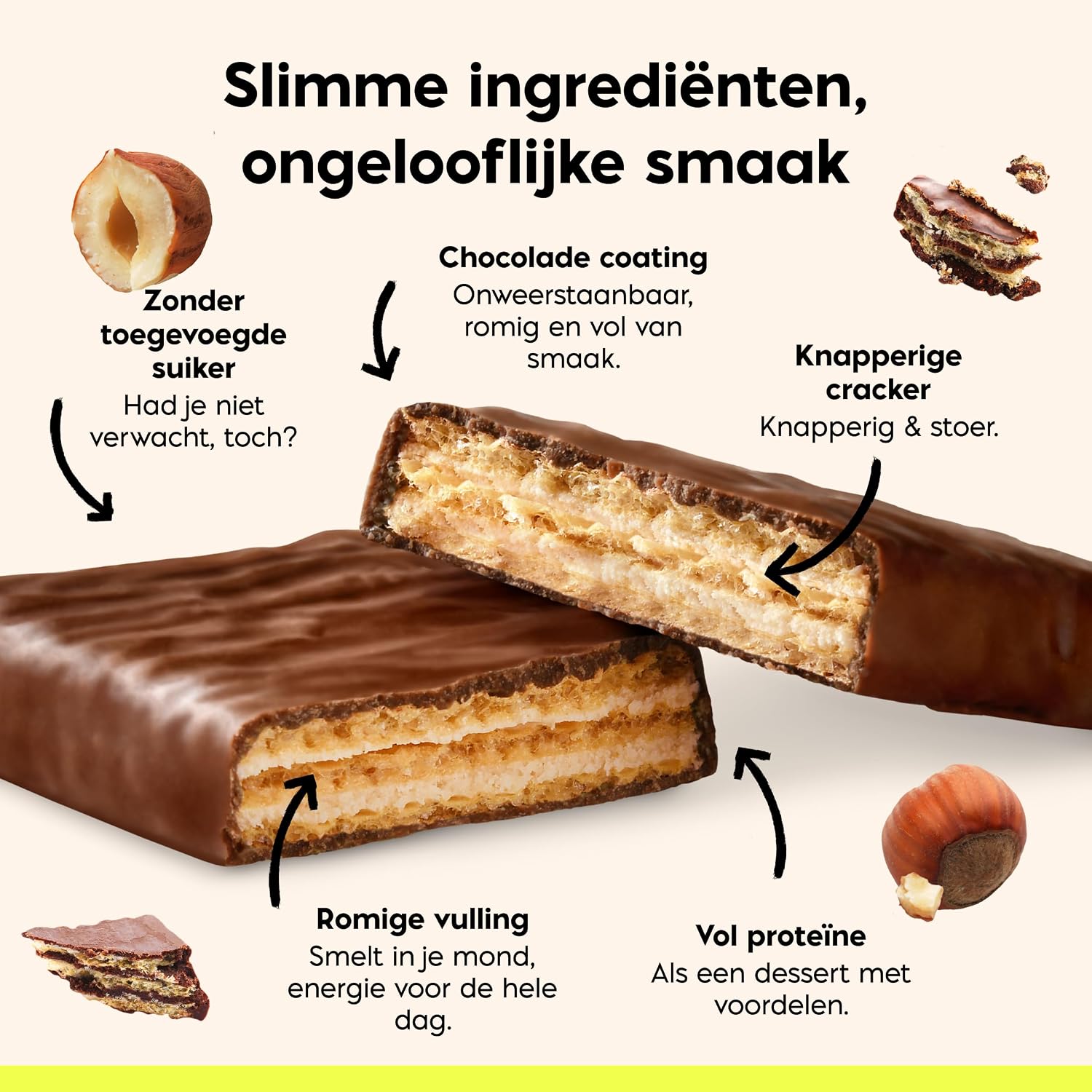 Detalle de N!CK'S Hazelnoot-eiwitwafelrepen, 25% eiwit, glutenvrij, 24 x 40 g