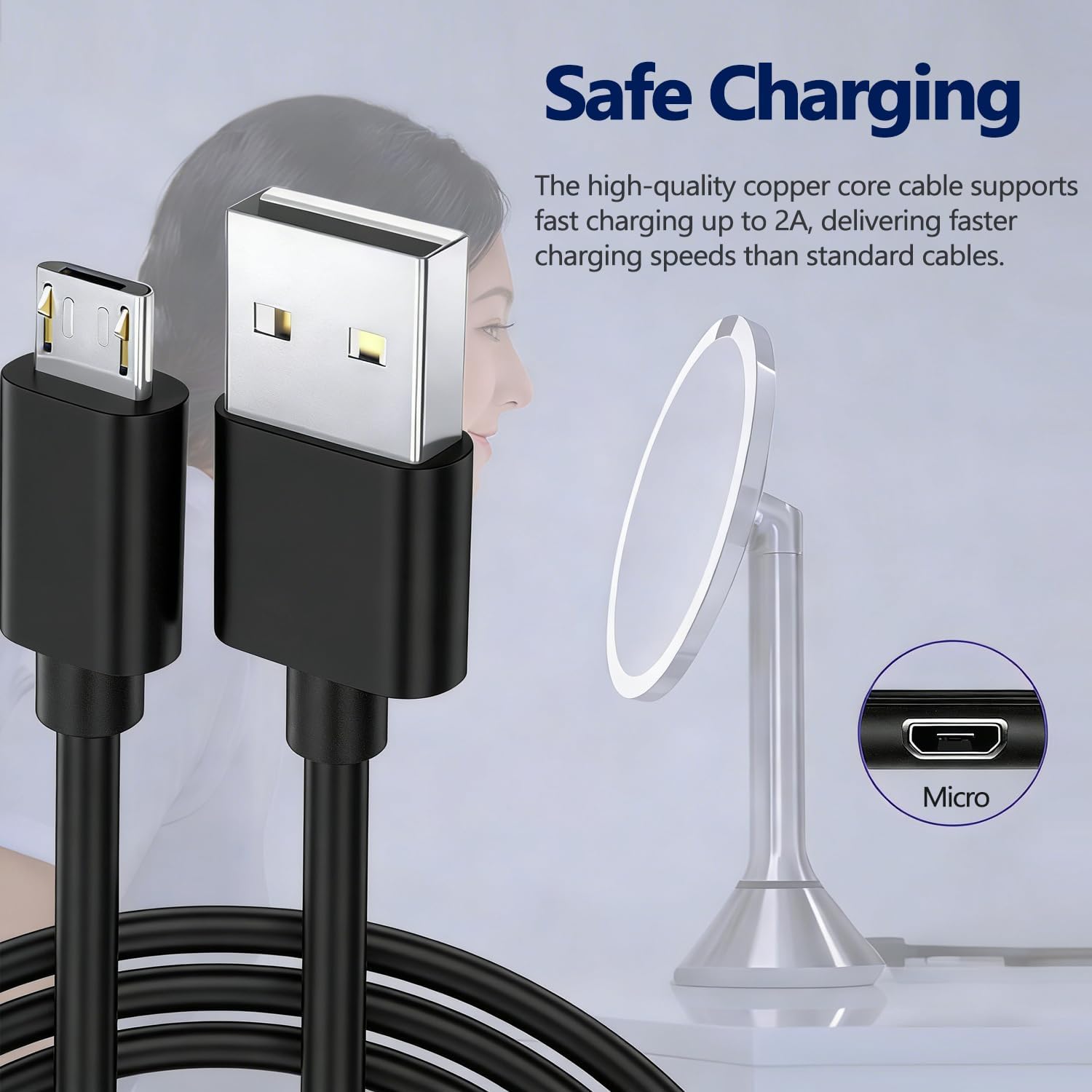 Thumbnail 3 de 5FT Micro USB Charger Cable for Simplehuman Round Mirrors (5" & 8"), USB-A to Micro USB, Black
