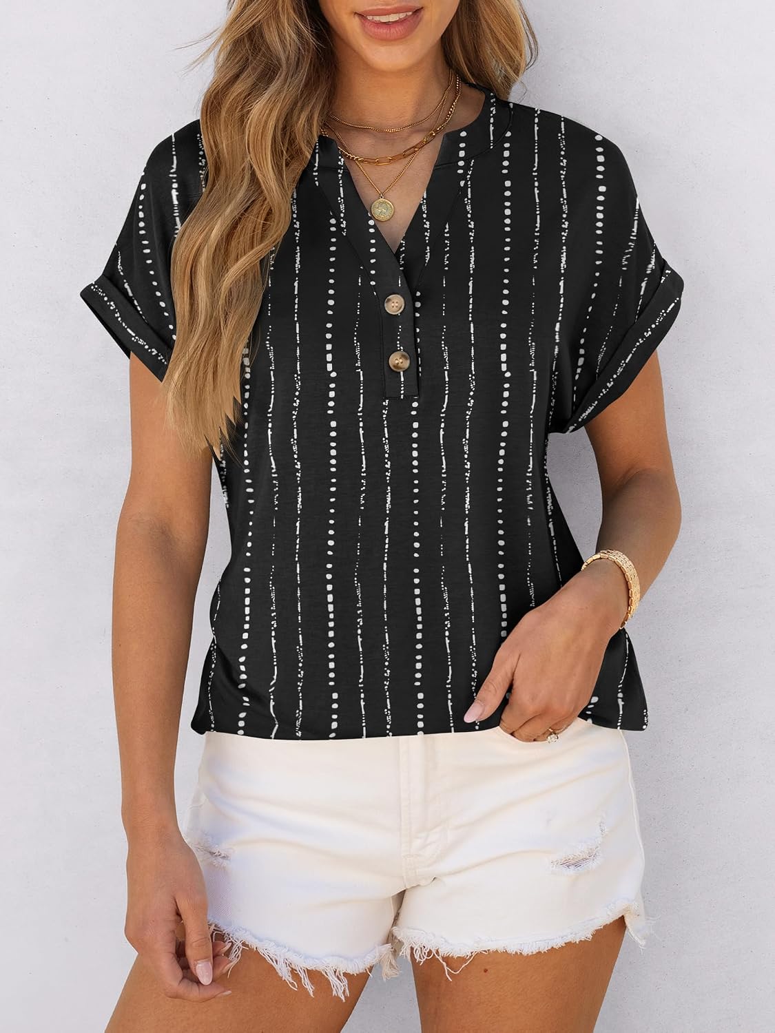 Detalle de ANRABESS Women's Short Sleeve Henley V-Neck Dressy Casual Blouses