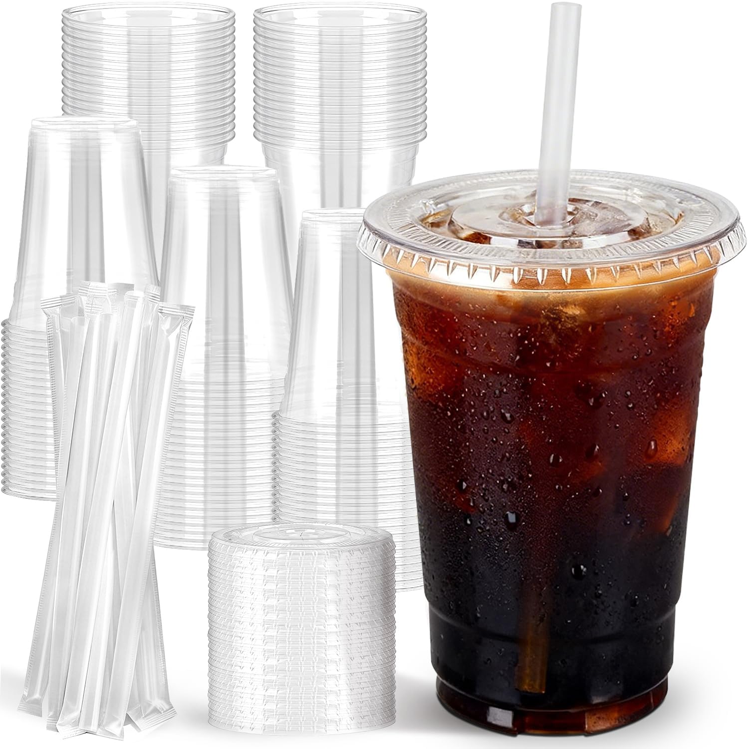 Detalle de Lideropa 100 Pack 16oz Clear Plastic Cups with Lids and Straws