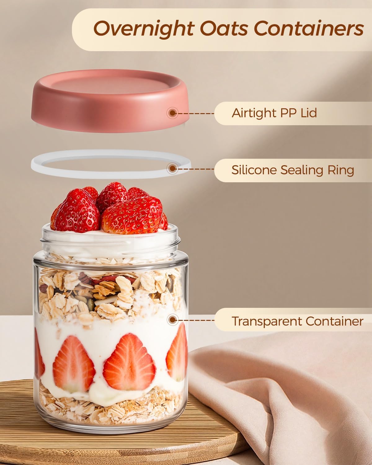 Detalle de Thyme Space Overnight Oats Jars (4-pack) 500ml glass containers with lids