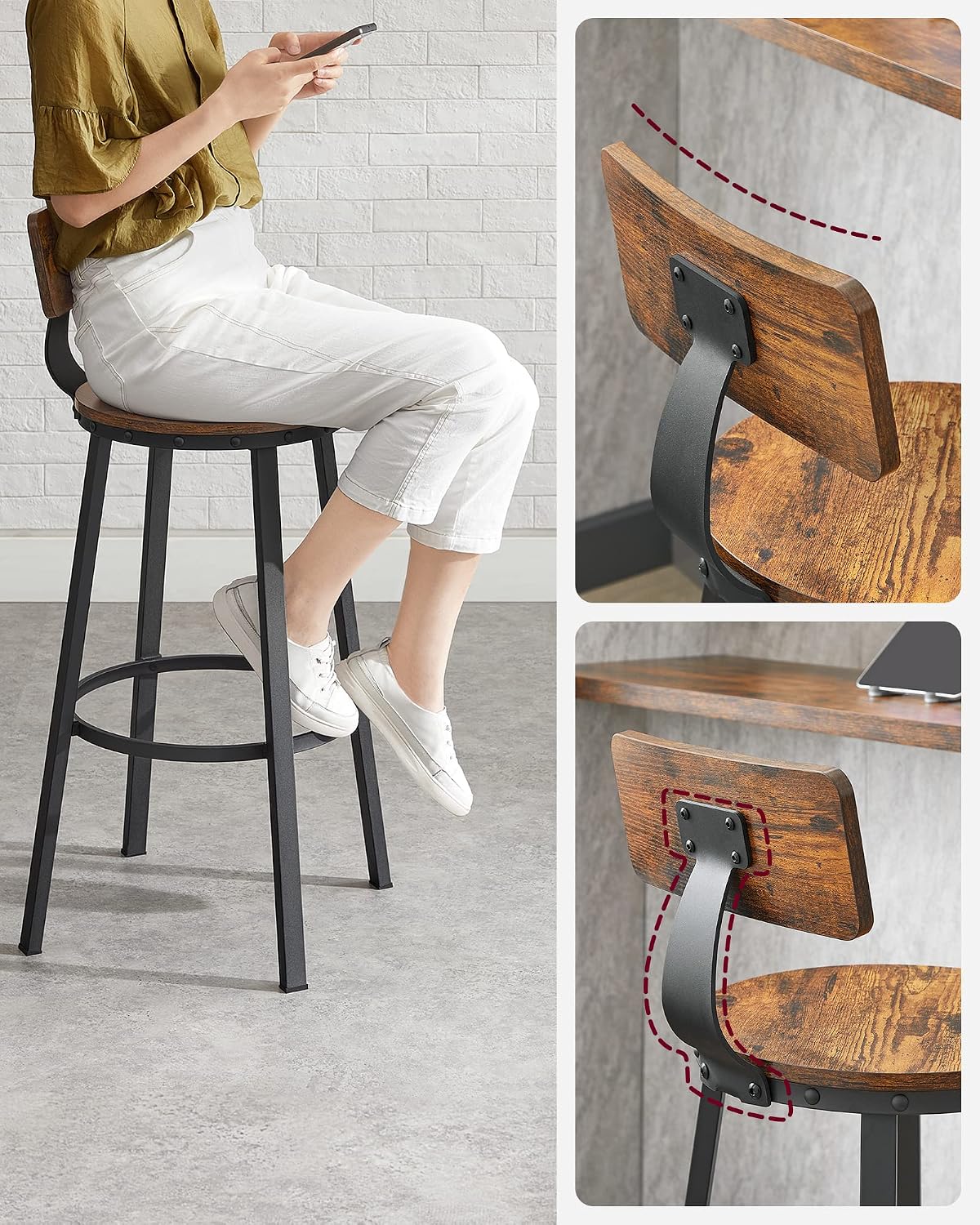Detalle 1 de VASAGLE BARNET LBC026B01V1 barkrukken set van 2, rugleuning en stalen frame