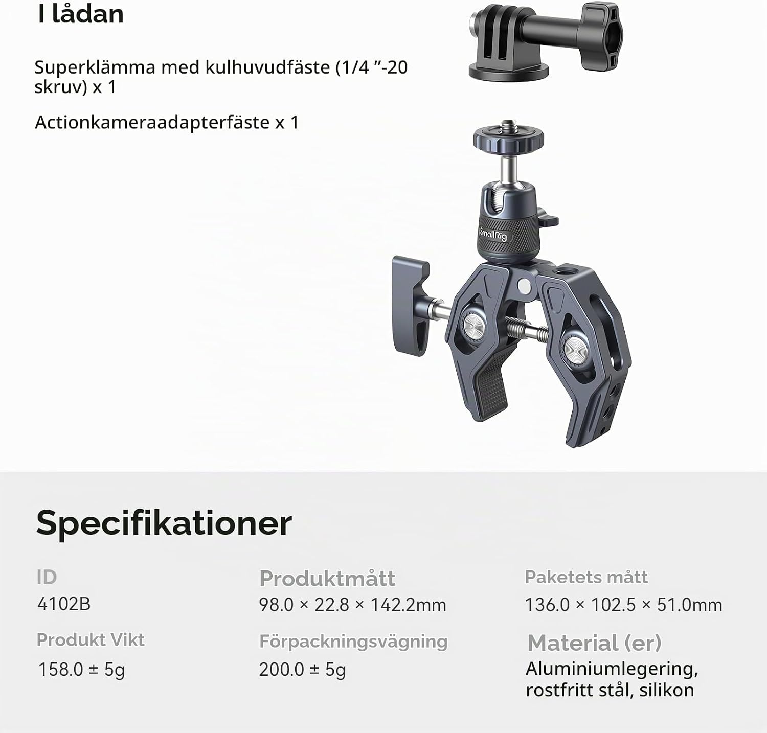 Thumbnail 6 de SMALLRIG 4102B kameraklämma med kulhuvud, 360° rotation och avtagbar adapter