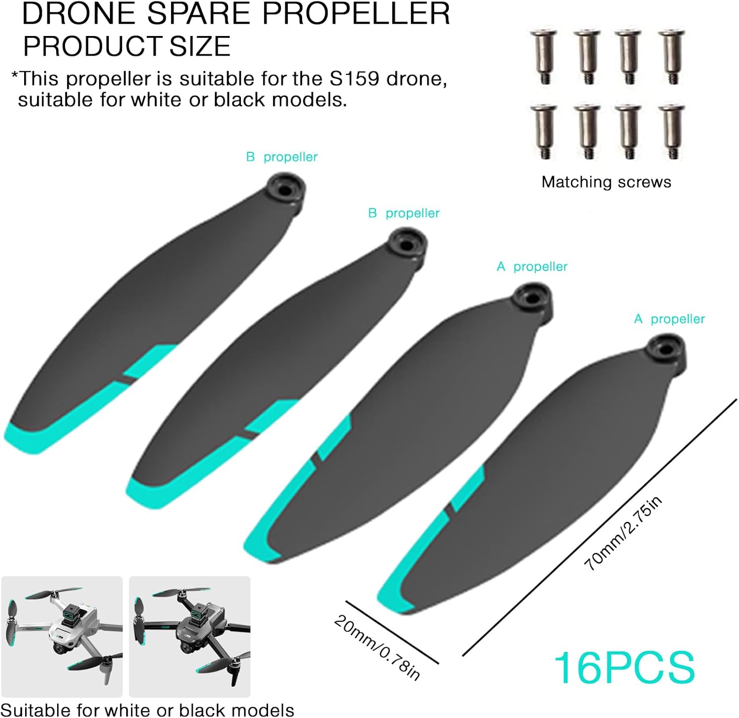Detalle 2 de 16pcs 70mm Universal Drone Propellers (Green) – Low-Noise, Durable Replacement for S159/G9/G10/H11/K24/HK99/I8/X2/S136/S168
