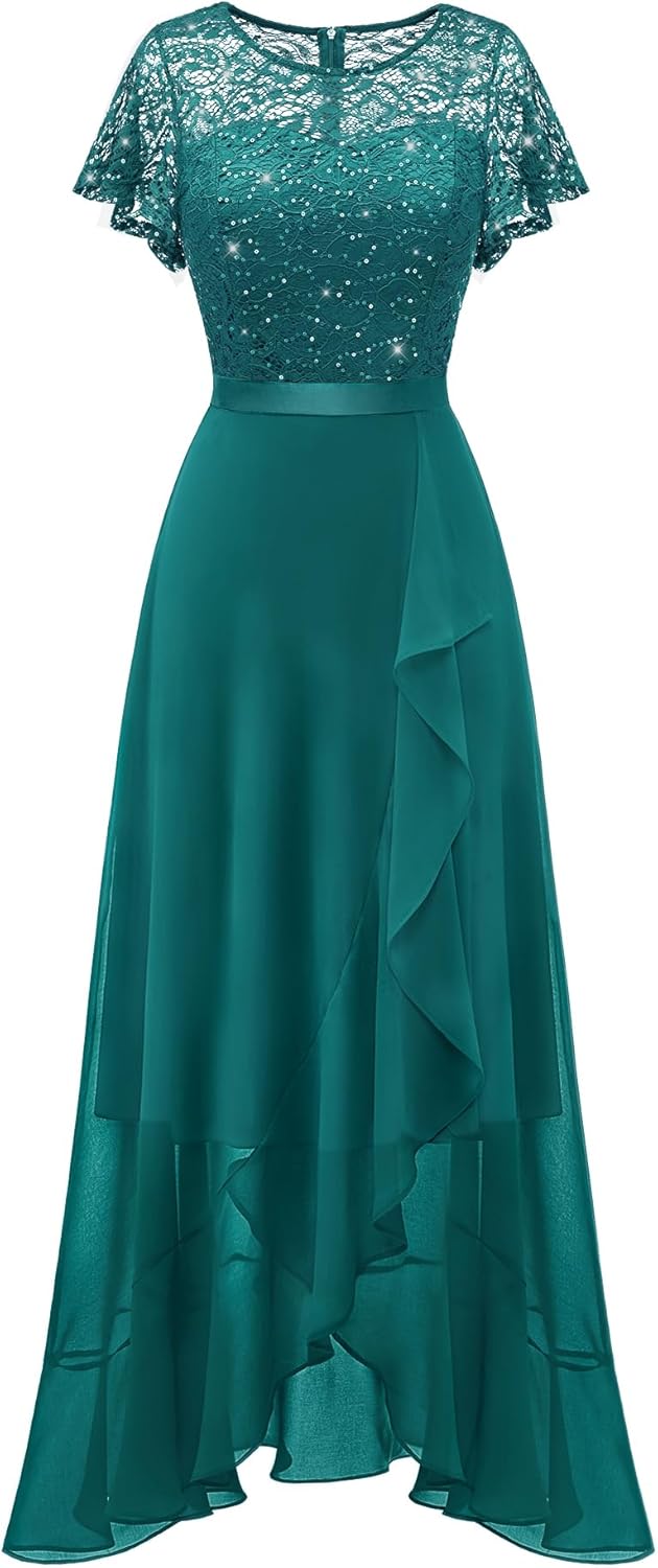 Thumbnail 6 de BeryLove Lace Long Prom Dress for 2026 Wedding Guests with Slit, High-Low Hem & Semi-Sheer Back