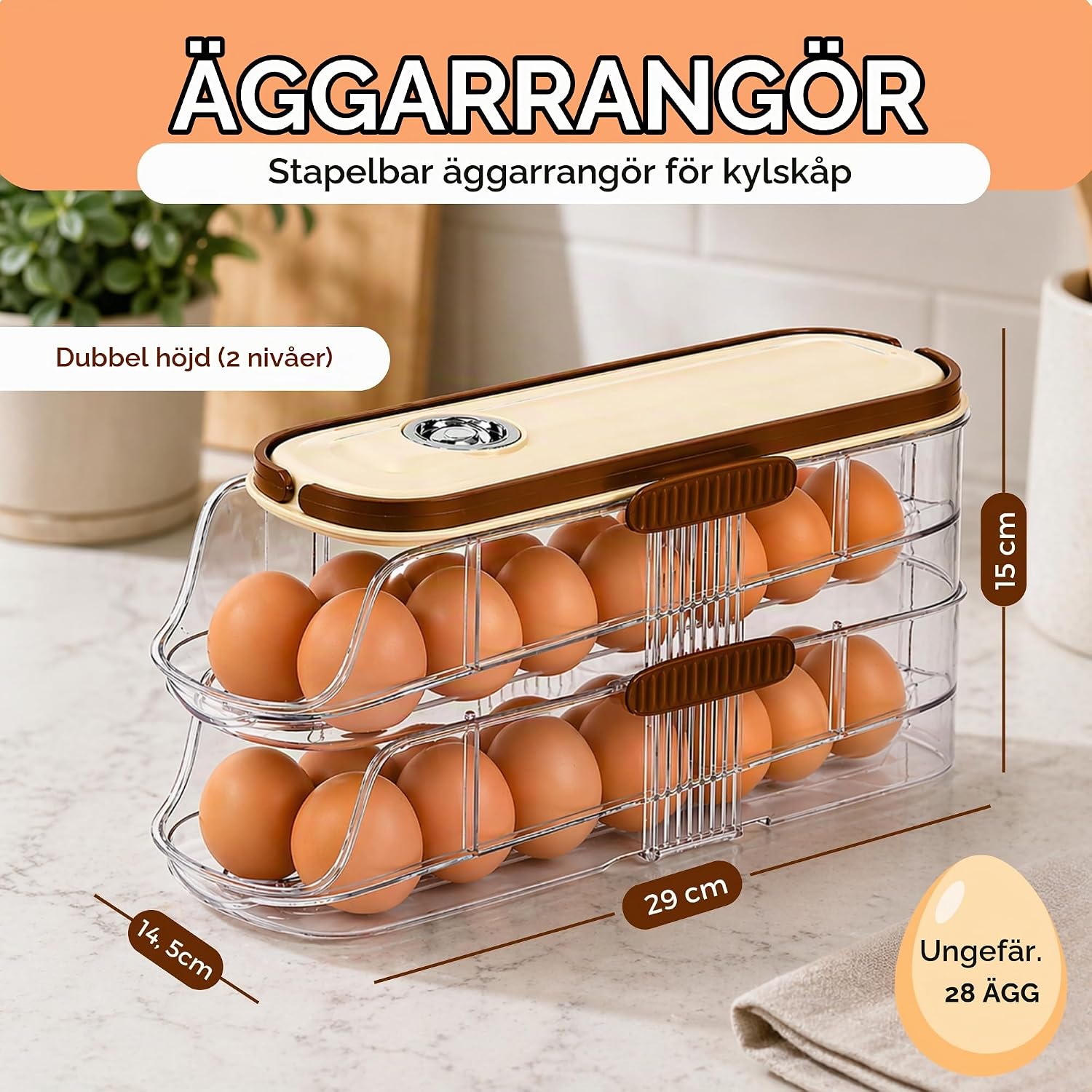 Detalle de MAGIC SELECT H8719 äggförvaring med automatisk dispenser, två nivåer och plats för cirka 28 ägg
