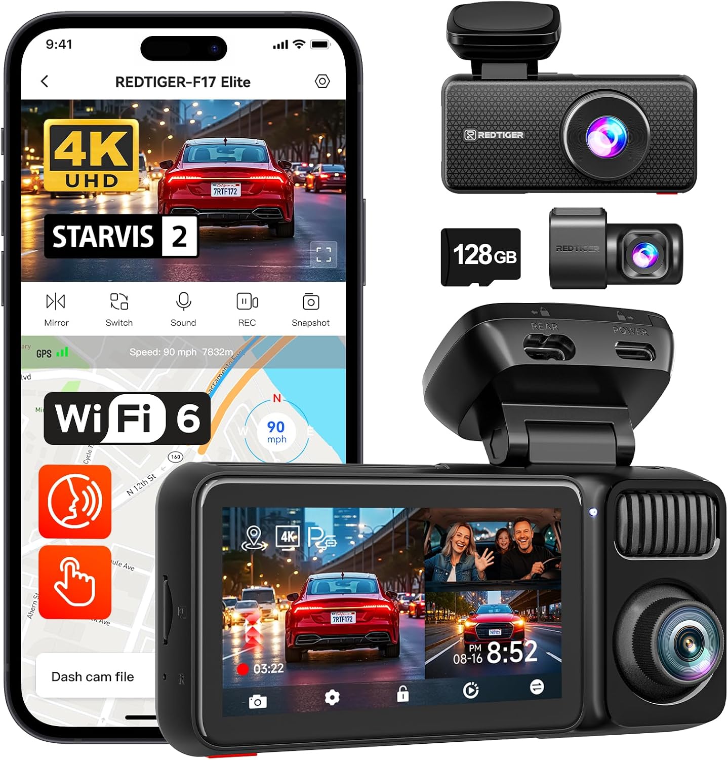 Detalle de REDTIGER F17 Elite 4K Dreikanal-Dashcam mit 128GB Speicher