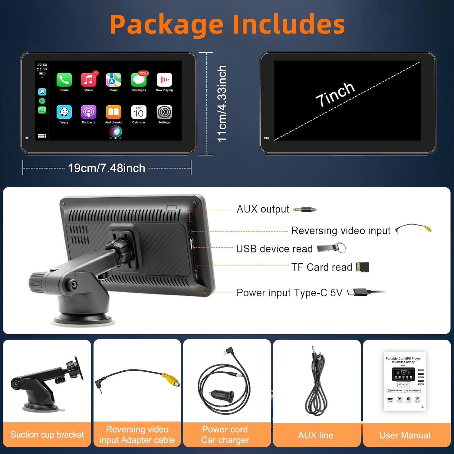 Thumbnail 6 de Schermo Portatile per Auto 7'' con CarPlay Wireless, Android Auto, Mirror Link e Navigazione GPS