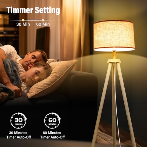 Detalle de NIKYJM Lámpara de Pie Trípode de Madera con Bombilla E27 12W: 3 Colores y Control Remoto