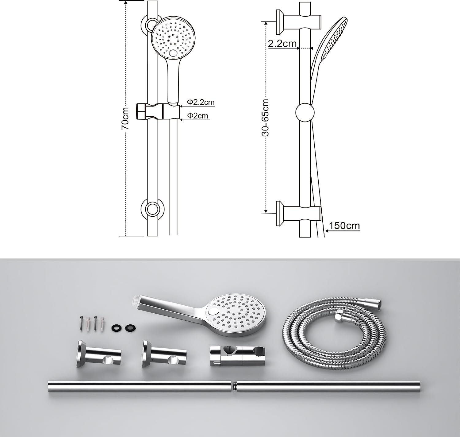 Thumbnail 6 de Görbach Colonna Doccia in Acciaio Inox 70 cm senza Miscelatore con Doccetta, 150 cm di Tubo e Supporti Cromo