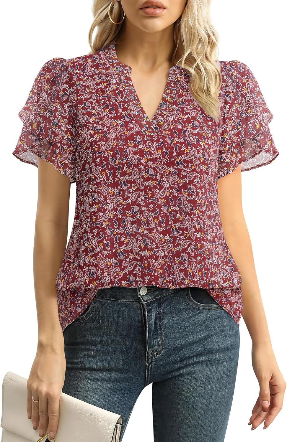 Thumbnail 6 de Lotusmile Women's Dressy Chiffon Blouses: Summer Puff Petal Short Sleeve V-Neck Top