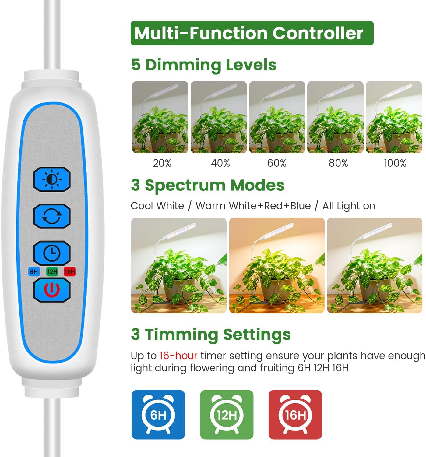 Detalle 1 de Wolezek ZY-M10A Indoor Plant Grow Lights, 52 LEDs, Timer, 2-Pack