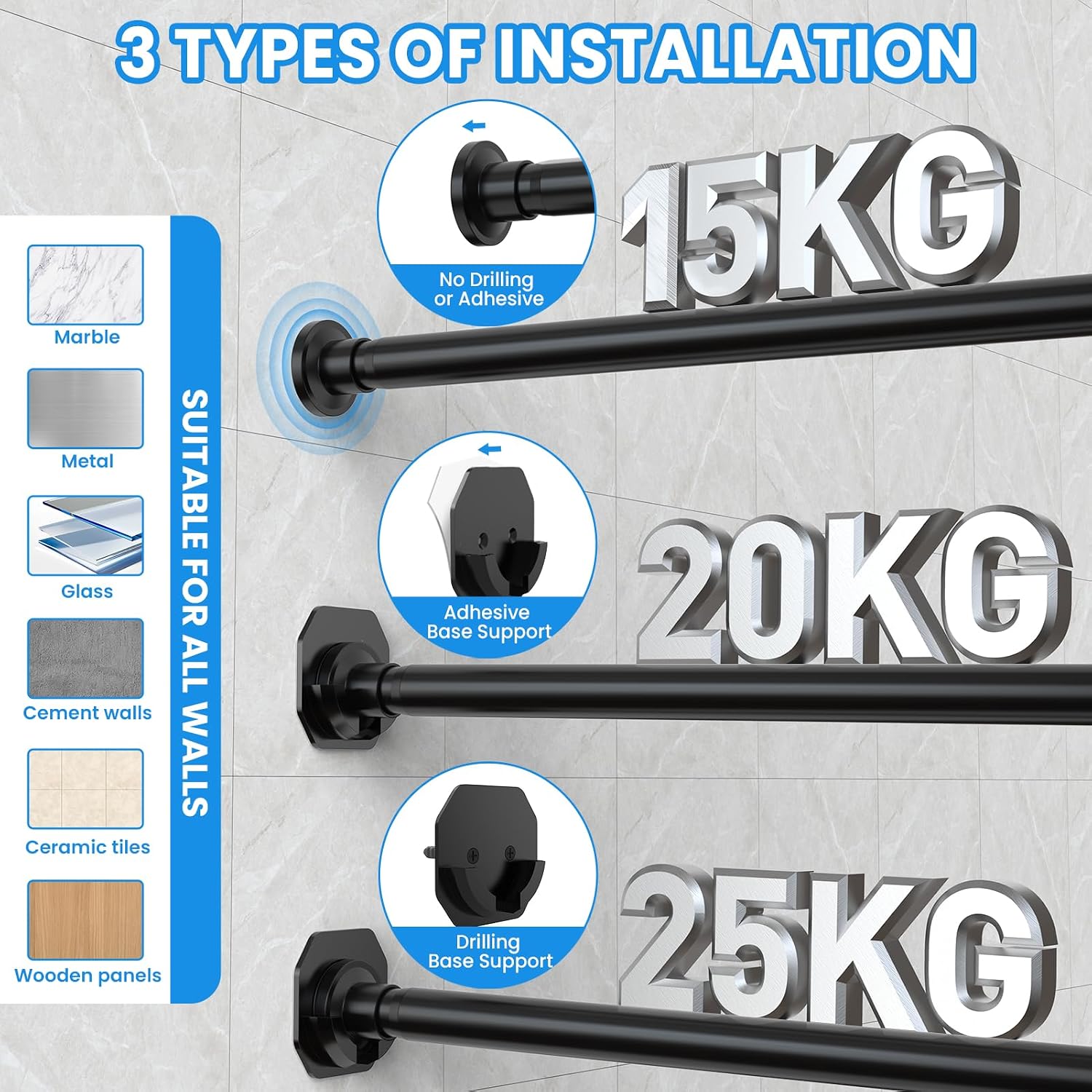Detalle 2 de WELDUN Extendable Curtain Poles 98-200cm: Black Telescopic Tension Rod, 32mm Ø with 2 Wall Bases