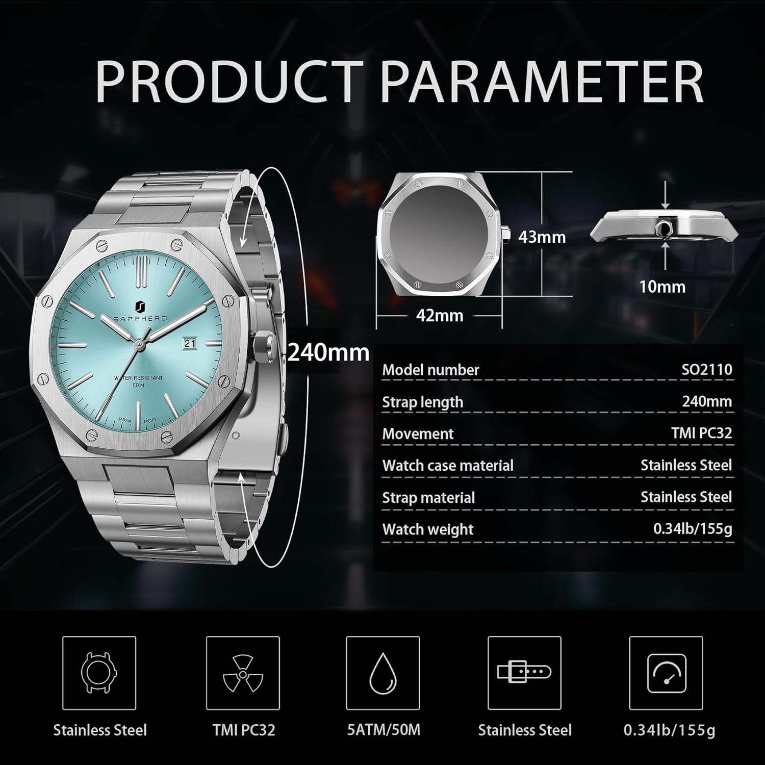 Detalle 2 de SAPPHERO Herrenuhr SO-2110 – Edelstahl, Quarzwerk, 42 mm Gehäuse, 3 ATM Wasserdicht